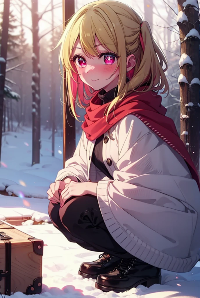 rubyhoshino, Hoshino Ruby, Long Hair, bangs, blonde, (Pink Eyes:1.3), Side Lock, (Symbol-shaped pupil:1.5), Multicolored Hair, Two-tone hair, smile,,smile,blush,white breath,
Open your mouth,snow,Ground bonfire, Outdoor, boots, snowing, From the side, wood, suitcase, Cape, Blurred, , forest, White handbag, nature,  Squat, Mouth closed, Cape, winter, Written boundary depth, Black shoes, red Cape break looking at viewer, Upper Body, whole body, break Outdoor, forest, nature, break (masterpiece:1.2), Highest quality, High resolution, unity 8k wallpaper, (shape:0.8), (Beautiful and beautiful eyes:1.6), Highly detailed face, Perfect lighting, Extremely detailed CG, (Perfect hands, Perfect Anatomy),