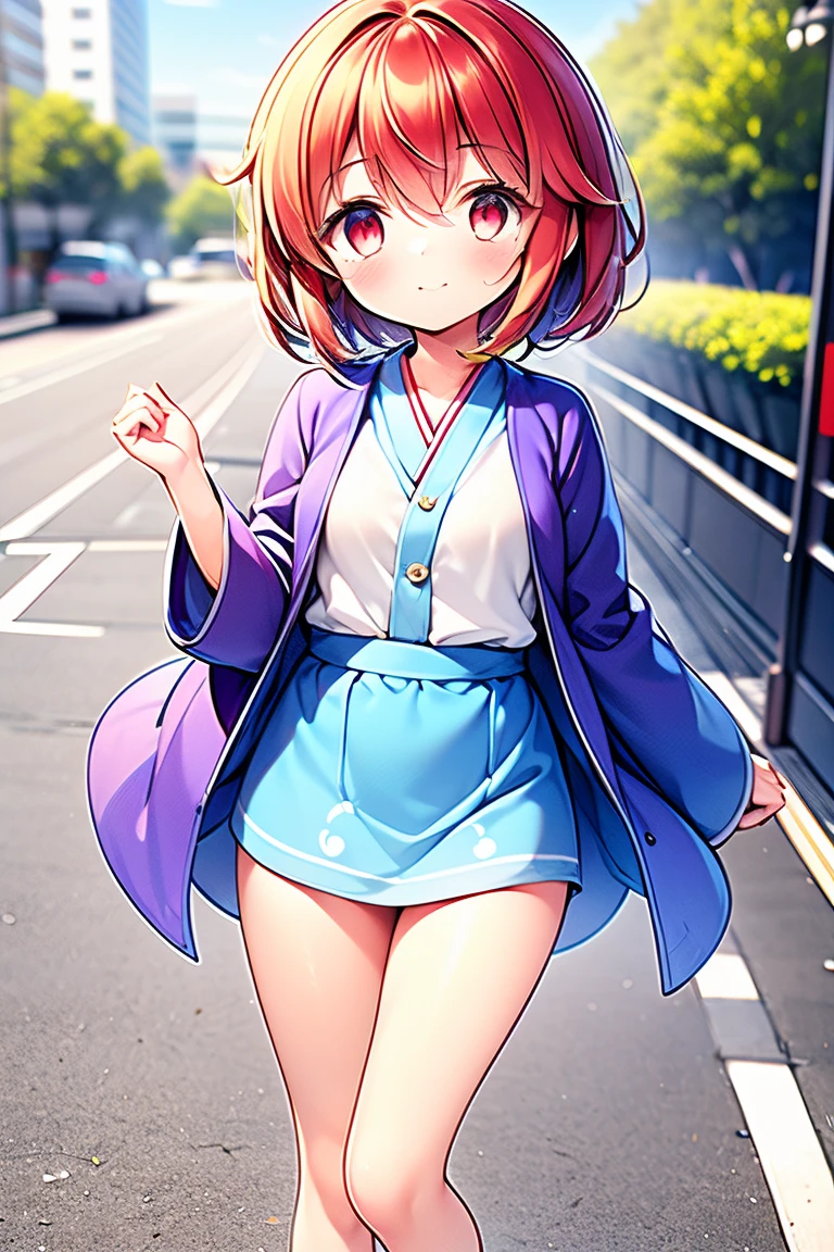 1 tall lady and 1girl are running in the street at noon. the lady who has red hair, red eyes, purple kimono, long sleeves, wide sleeves, red flower markings, flower print, yellow bow. the girl who has odd eyes, a light blue right eye, a red left eye, light blue short hair, white long sleeve shirt, light blue vest, light blue miniskirt with white warm front pattern, tatara kogasa from Touhou