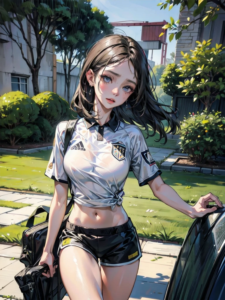 absurdres, RAW photo, extremely delicate and beautiful, masterpiece, Best Quality, ultra high resolution, 32k, hyperrealistic, ultra-detailed, perfect anatomy, anatomically correct, perfect figure, Perfect Style, Perfect balance, super Detailed skin, in her 30s, very Slim body, narrow waist, very small head, very small face, delicate facial features, handsome detailed woman, very detailed eyes and face, realistic face proportions, Realistic beautiful face, Realistic beautiful eyes, tearful mole, earring, very huge round tits, full body shot, bare legs, medium hair, outdoor, (soccer Jersey:1.2), shorts,