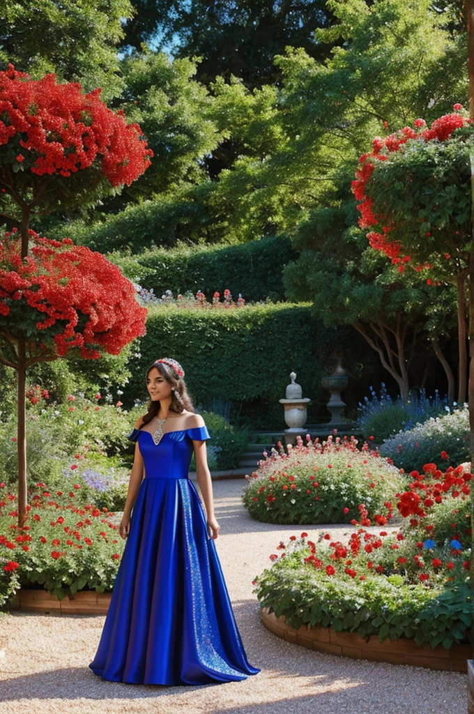A girl standing in the garden full of red flowers....wearing a full royal blue coloured gown with silver beads there should be glitter in the picture