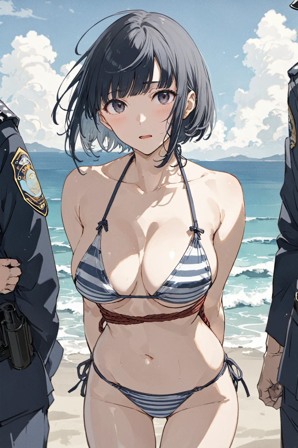 masterpiece, amazing quality, best quality, high resolution, 4K, 8K, UHD, Ukiyoe art styles, by rella, by Yoneyama Mai, by Tsukimaro 1 embarrassed woman at the beach, trendy bikini, in police custody, hands behind back, bondage