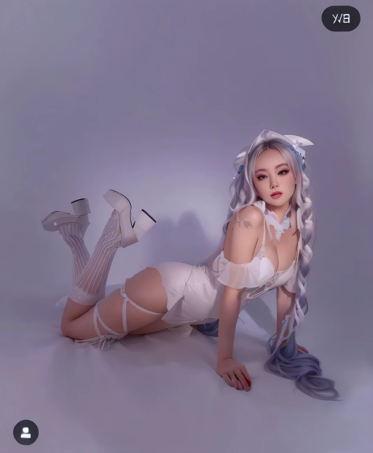 There is a woman with long hair and a white dress lying on the floor., conceptual photo set, photo from a promotional session, how much, full body photo shoot, anime barbie in white stockings, fantasy photo shoot, portrait of Kim Petras, sexy pudica pose gesture, solo photo shoot, editorial photography, inspired by Ai Xuan, white cyborg fashion photo