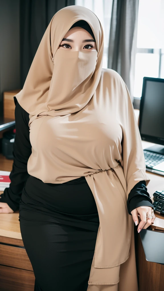 8K, high quality, nice lighting, soft lighting, realistic, dark eyes, sexy, big breasts, thighs, wide hips, muscular, malaysia, arabic black dress, long sleeves, Jewelry, sexy lady, asian, hijab, niqab, sexy pose, in office, showing big thighs, nice body, natural largest breast, wearing wedding rings, hand sock, office girl
