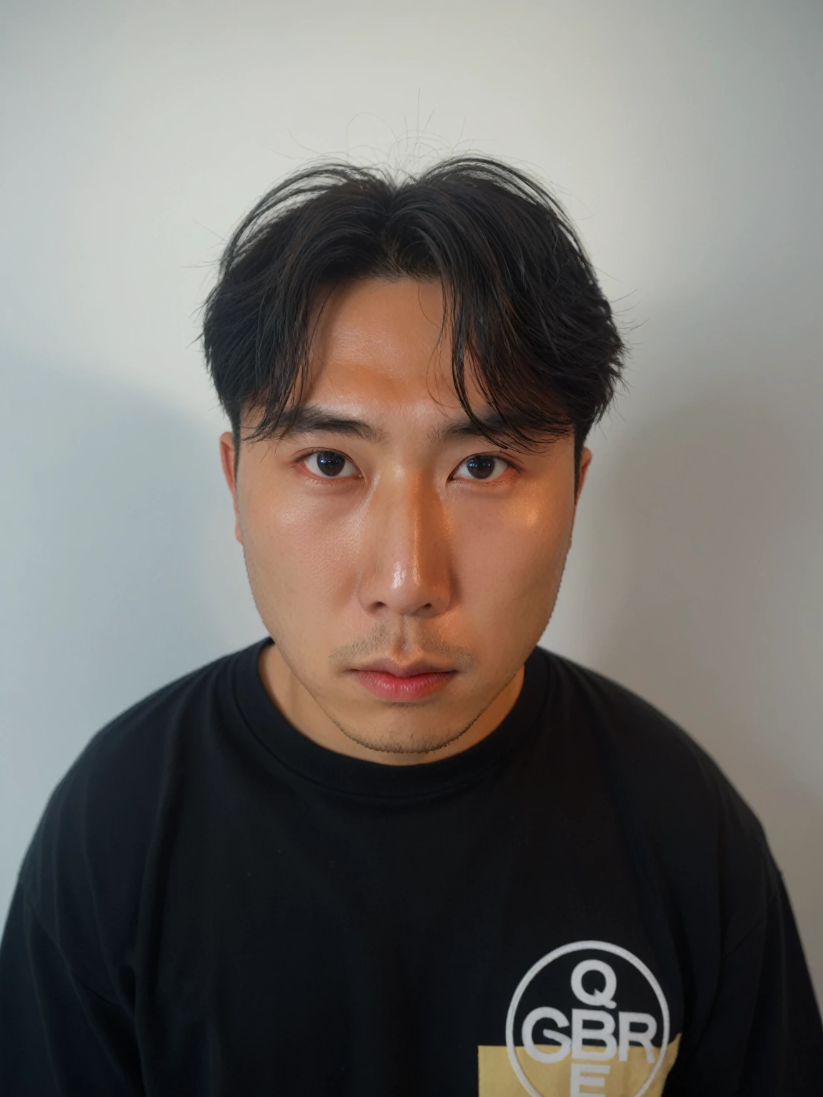 Best Quality, 8k, Masterpiece, (Portrait: 1.3), (photo realistic:1.4), (hyper realistic:1.4), Sharp Focus, looking at viewer, (smoother lighting:1.1), (increase cinematic lighting quality:0.9), realistic lighting, backlighting, light on face, ray trace, (brightening light:1.2), (Increase quality:1.4), sharp detail, (best quality real texture skin:1.4), finely detailed eyes, black_eyes, finely detailed face, 20 year old Korean man