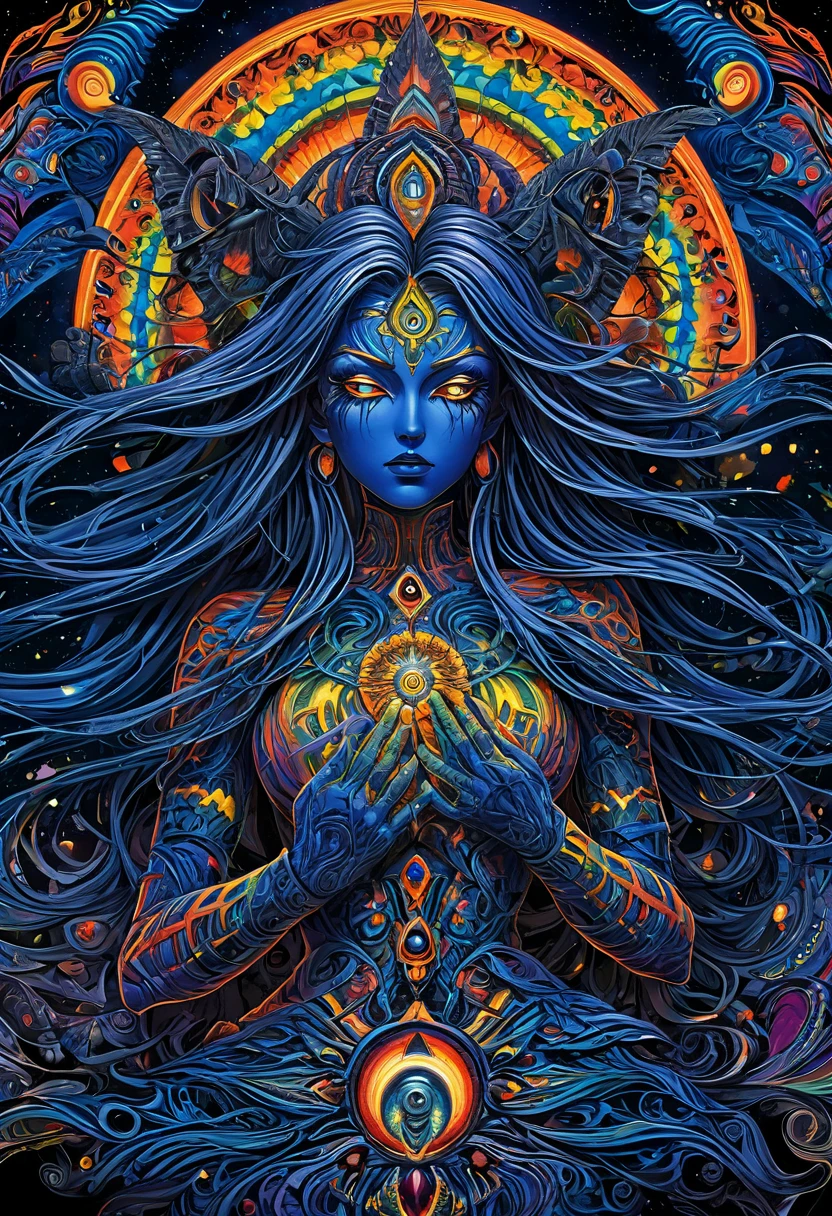 (masterpiece:1.4, best quality), (complex details), Unity 8K wallpaper, Extremely detailed, (Psychedelic Art:1.4), (Alex Gray's style:1.3), [Miss | demon:10], (Lost souls in hands:1), Dark theme, Visually stunning, Goddess of darkness, fiercely, Tempting, Cowboy shooting, complex, Perfect lighting, Perfect Shadow, Perfect lighting, Perfect Shadow