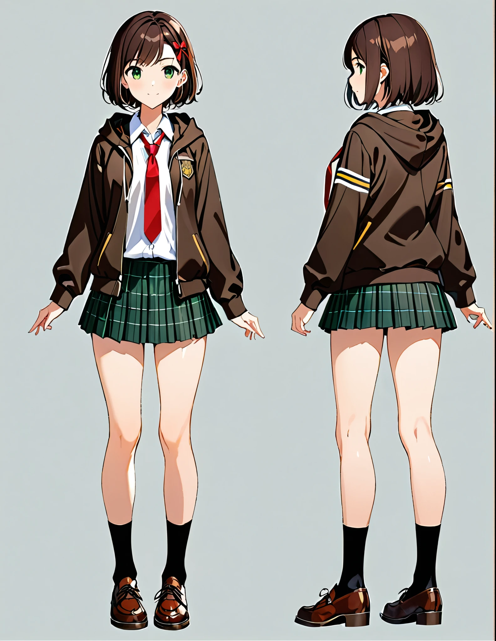 1girl, high school student, dark brown hoodie jacket, white shirt, red ribbon bow necktie, pleaded skirt, miniskirt, bare legs, black socks, brown shoes, jet black hair, short hair, green eyes, beautiful detailed eyes, beautiful detailed face, cute face, medium breasts, age 16-18, solo, solo focus. Full body costume design. Simple background, Multiple Views, Character Sheet Full-Length.
