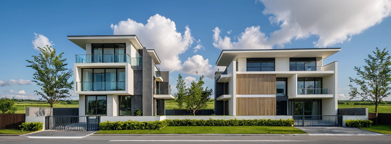 Masterpiece, high quality, best quality, authentic, super detail, outdoors, twostoreyvillaXL, aiaigroup, house style modern on the street, (white wall), road, pavement, grass, trees, sky, cloud, (daylight:1.1), 
