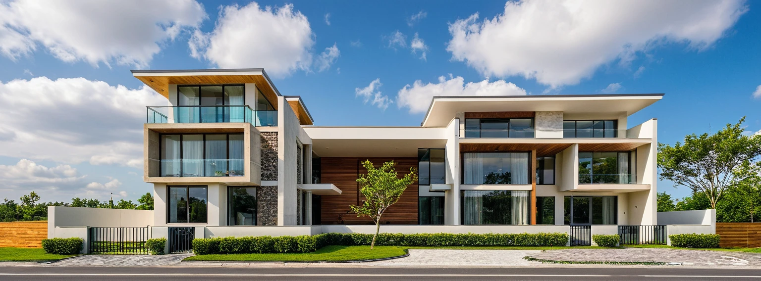 Masterpiece, high quality, best quality, authentic, super detail, outdoors, twostoreyvillaXL, aiaigroup, house style modern on the street, (white wall), road, pavement, grass, trees, sky, cloud, (daylight:1.1),