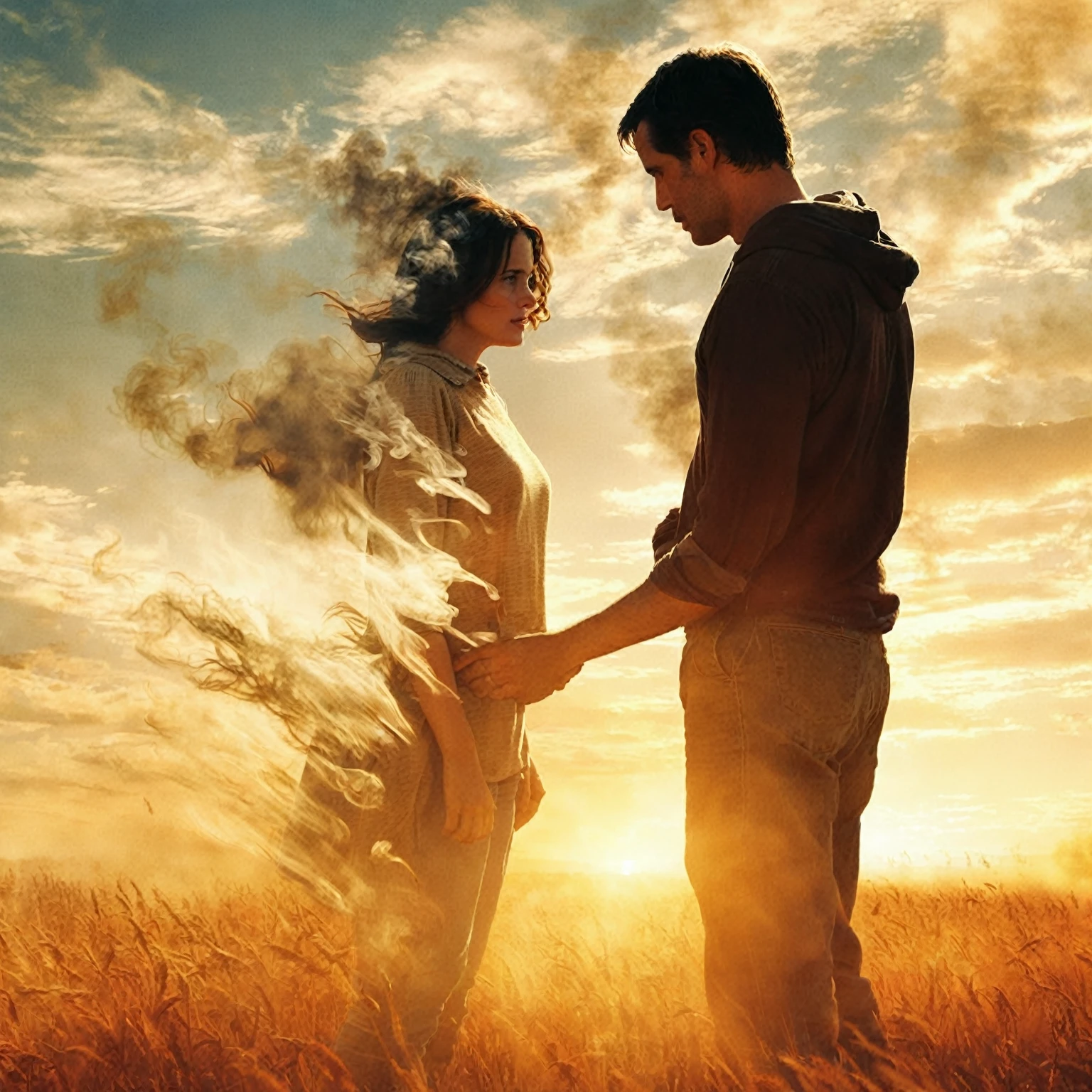 there is a man and a woman standing in a field, women is faiding away into dust and smoke, the most beautiful scene, wonderful scene, movie promotional image, cinematic movie image, warm beautiful scene, beautiful scene, the endless, 3d movie still, film promotional still, hd movie photo, double exposure of love, magical scene, cinematic movie still, movie film still, mark brooks and brad kunkle