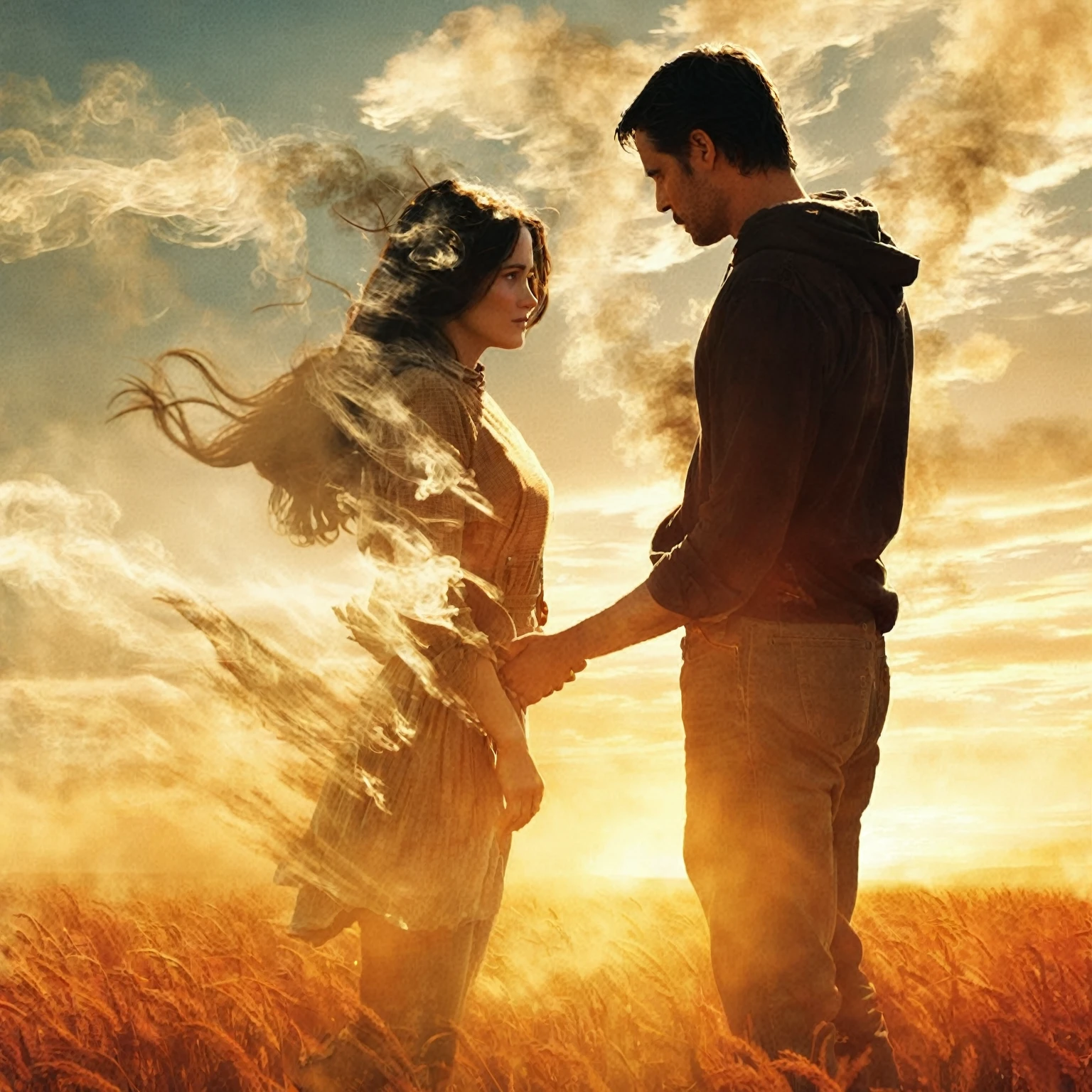 there is a man and a woman standing in a field, women is faiding away into dust and smoke, the most beautiful scene, wonderful scene, movie promotional image, cinematic movie image, warm beautiful scene, beautiful scene, the endless, 3d movie still, film promotional still, hd movie photo, double exposure of love, magical scene, cinematic movie still, movie film still, mark brooks and brad kunkle