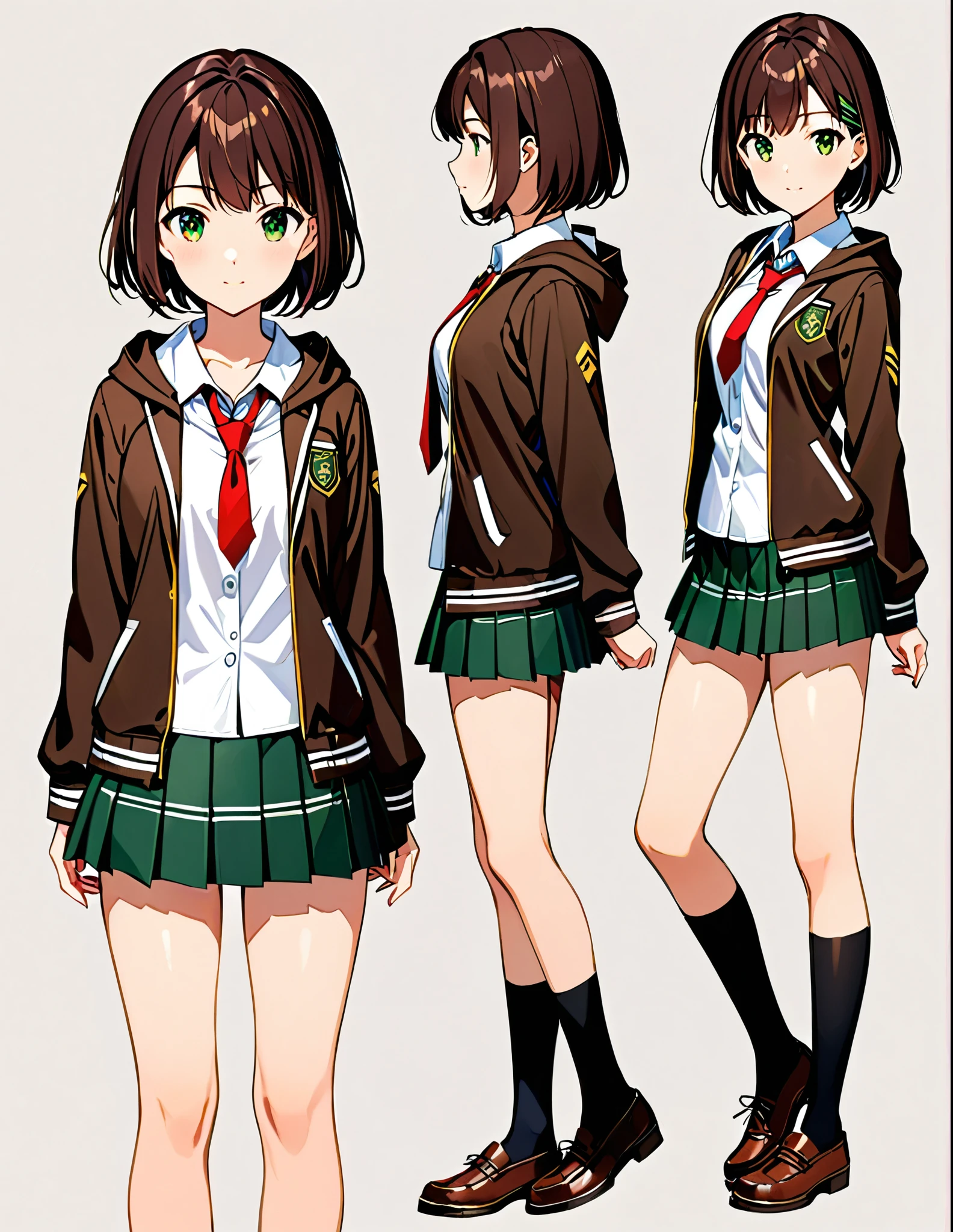1girl, high school student, dark brown hoodie jacket, white shirt, red ribbon bow necktie, pleated skirt, miniskirt, bare legs, black socks, brown shoes, jet black hair, short hair, green eyes, beautiful detailed eyes, beautiful detailed face, cute face, medium breasts, age 16-18, solo, solo focus. Full body costume design. Simple background, Multiple Views, Character Sheet Full-Length.