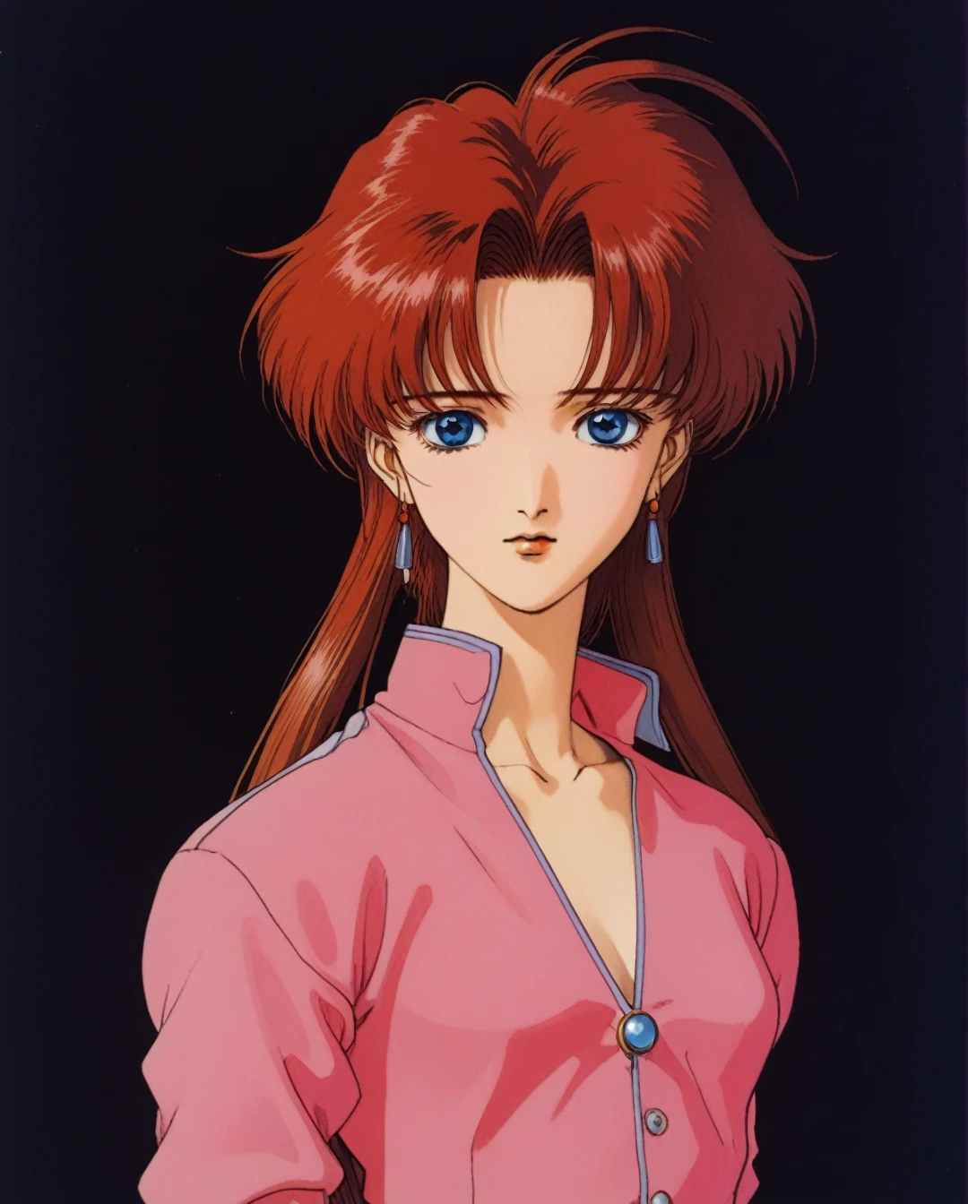 Art style by Yoshitaka Amano, Art style by Takato Yamamato, Art style by Ayami Kojima, (Masterpiece, Top Quality, Super Detail, High Resolution, Best Illustration), 1990s (style), 1980s (style), retro art style, Highest image quality, 90s style anime,   A retro girl（Cute:1.3 points）,（Eighties:1.4 points）,（Retro Hong Kong style:1.3 points），Showa manga，1990s animation style，Front view，First Person，Double tail，Blue Eyes，Pink clothes，Bust，Bangs，Simple background