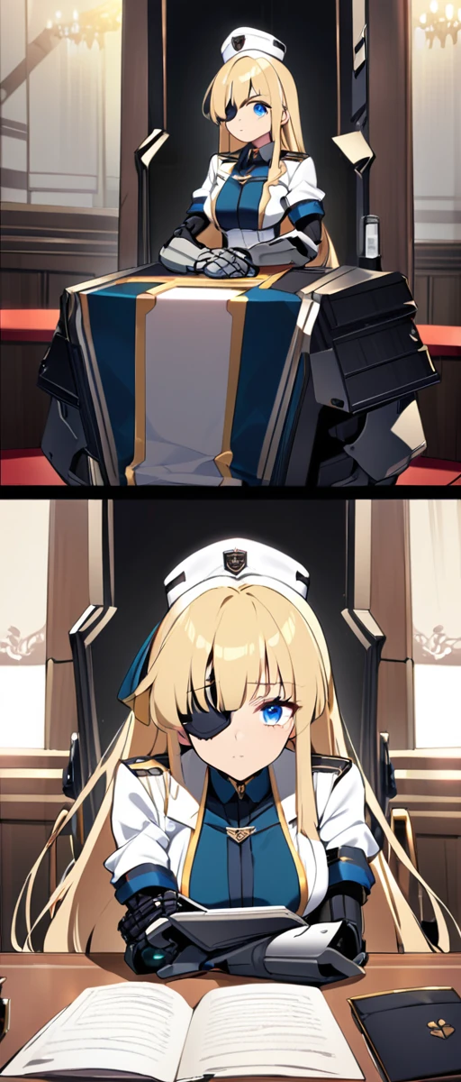 commander anime girl, white commander clothes, 30 years old, tall, medium length blonde hair, blue eyes, eye patch, a right mechanical arm, sitting at the head of a large and long covenant table, white commander hat, 8K