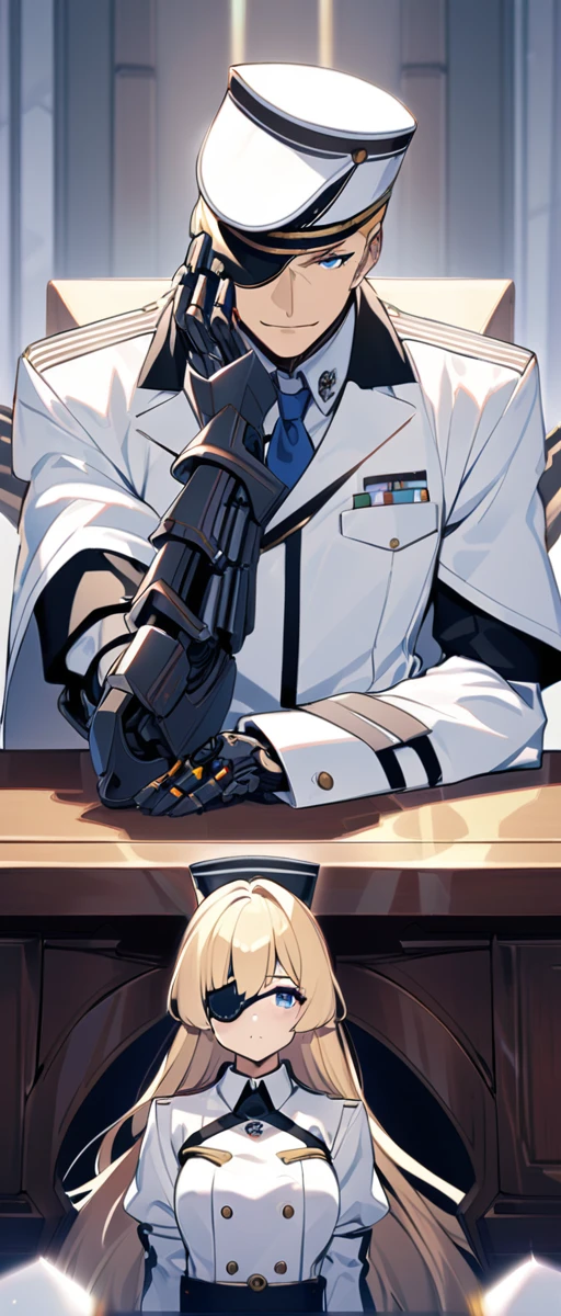 commander anime girl, white commander clothes, 30 years old, tall, medium length blonde hair, blue eyes, eye patch, a right mechanical arm, sitting at the head of a large and long covenant table, white commander hat, 8K