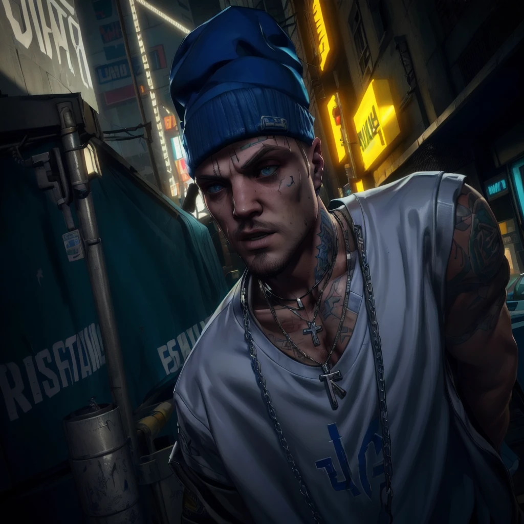 there is a man with a blue hat and a chain around his neck, gta character, as a character from gtav, cyberpunk street goon, video game screenshot>, marshal mathers, jesse pinkman in gta v, saints row, gta v character, as the protagonist of gta 5, 2020 video game screenshot, photo-realistic low lighting