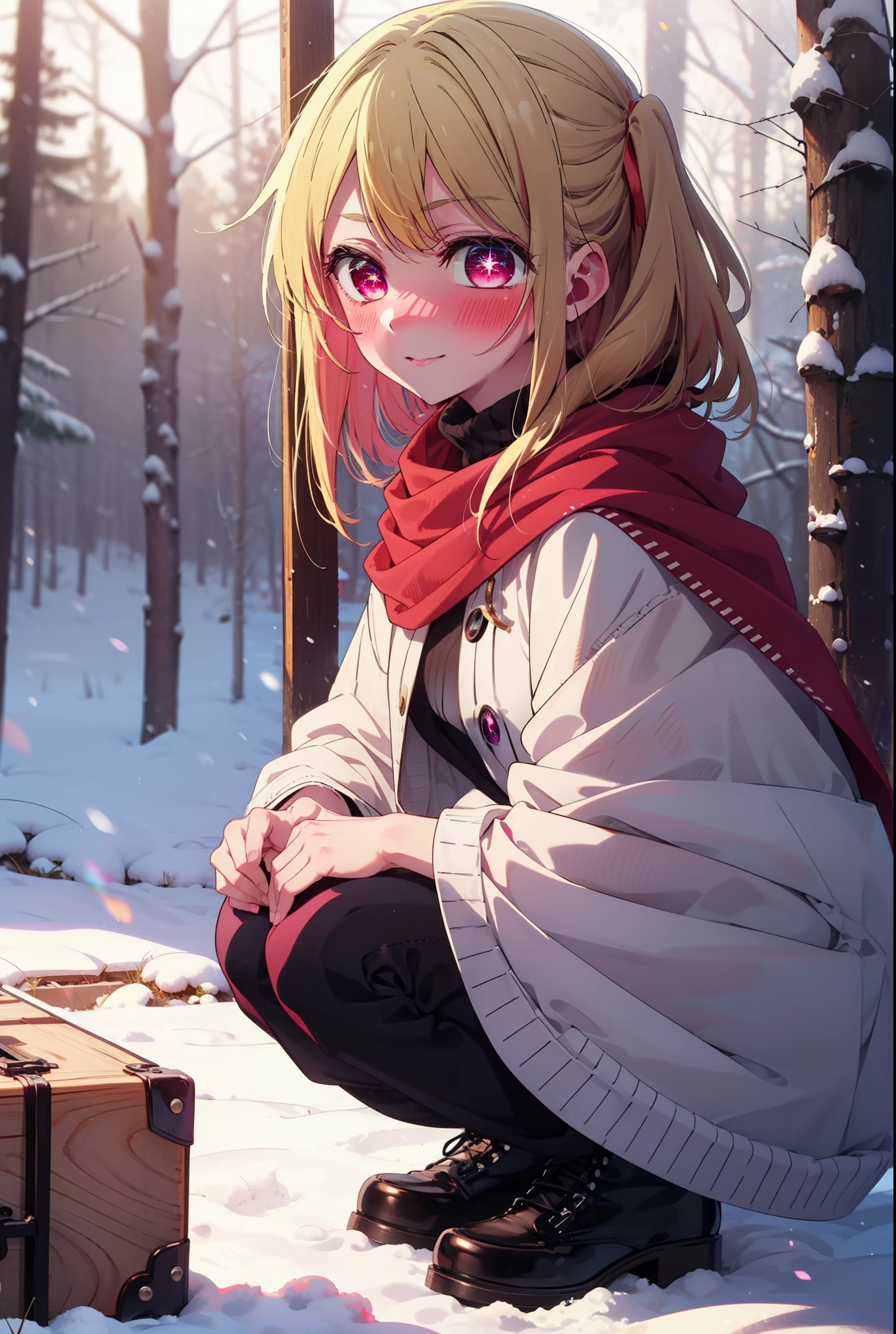 rubyhoshino, Hoshino Ruby, Long Hair, bangs, blonde, (Pink Eyes:1.3), Side Lock, (Symbol-shaped pupil:1.5), Multicolored Hair, Two-tone hair, smile,,smile,blush,white breath,
Open your mouth,snow,Ground bonfire, Outdoor, boots, snowing, From the side, wood, suitcase, Cape, Blurred, , forest, White handbag, nature, Squat, Mouth closed, Cape, winter, Written boundary depth, Black shoes, red Cape break looking at viewer, Upper Body, whole body, break Outdoor, forest, nature, break (masterpiece:1.2), Highest quality, High resolution, unity 8k wallpaper, (shape:0.8), (Beautiful and beautiful eyes:1.6), Highly detailed face, Perfect lighting, Extremely detailed CG, (Perfect hands, Perfect Anatomy),