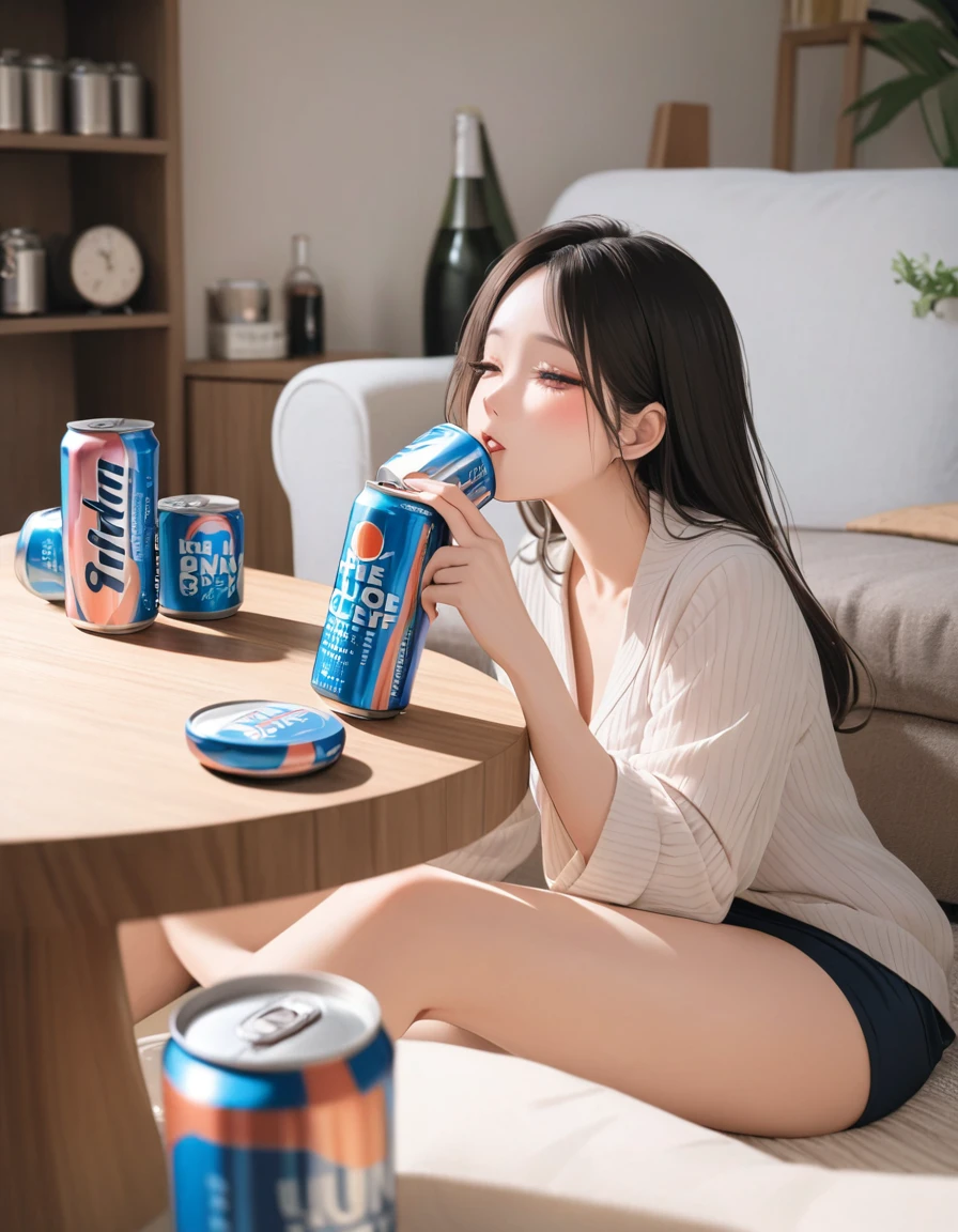 Elegant woman sipping a can of pink and blue cans at home, the cans have the word BYSELF on them, drink, home, leisurely, blushing, sparkling, relaxing, slightly drunk, product photography