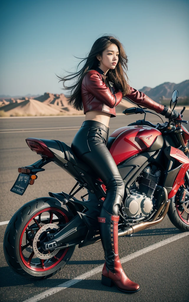 (high resolution,High-resolution details)(Practical:1.5), (Practical:1.4), 8K,18-year-old Korean beauty,, Delicate facial features,Intricate body details, (best quality: 1.0), (Ultra-high sharpness: 1.0), (Long hair:1.4),(The eyes are beautifully and delicately depicted),((((Riding a motorcycle)))),Unreal Engine:1.4,photoPractical:1.4, Texture:1.4, masterpiece:1.8,best quality at best, (((Black and red knight uniform))、((Long leather pants and racing boots)))、Long limbs、Desert Background