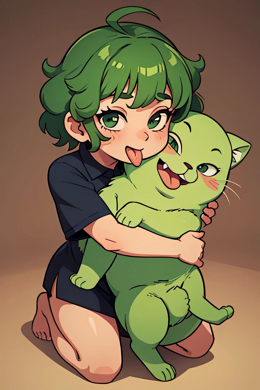 girl, short green curly hair, full body, hug and licking his the face , long tongue.