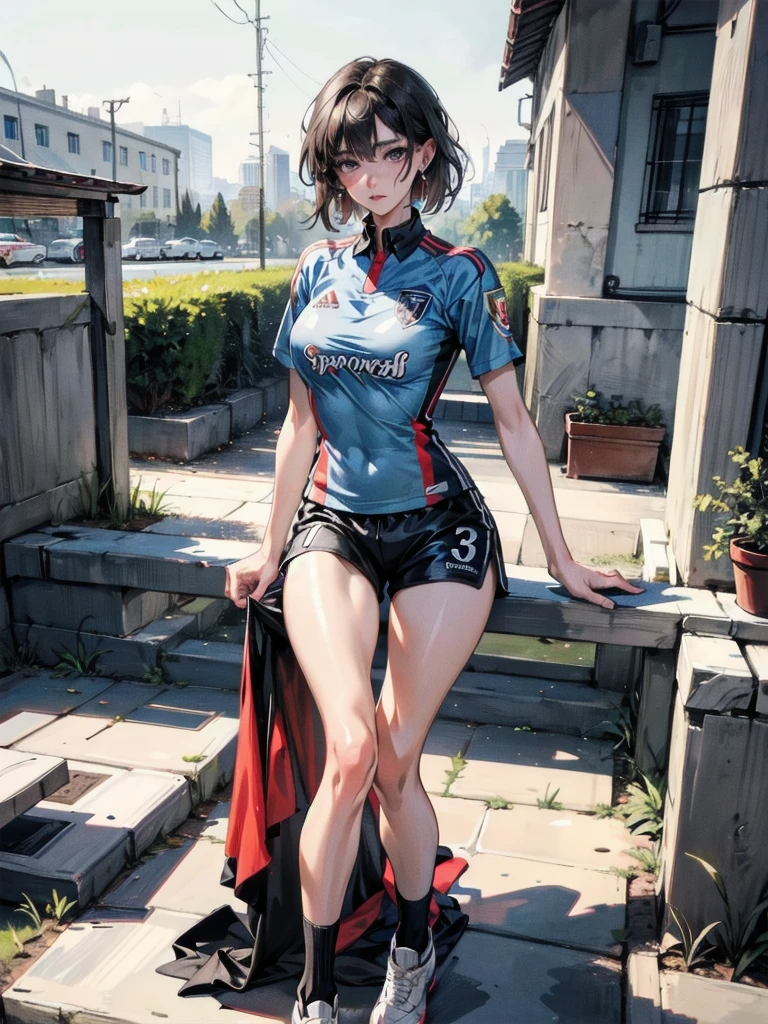absurdres, RAW photo, extremely delicate and beautiful, masterpiece, Best Quality, ultra high resolution, 32k, hyperrealistic, ultra-detailed, perfect anatomy, anatomically correct, perfect figure, Perfect Style, Perfect balance, super Detailed skin, in her 30s, very Slim body, narrow waist, very small head, very small face, delicate facial features, handsome detailed woman, very detailed eyes and face, realistic face proportions, Realistic beautiful face, Realistic beautiful eyes, tearful mole, earring, very huge round tits, (full body shot:1.2), (full legs:1.2), medium hair, outdoor, (soccer Jersey:1.2), shorts,