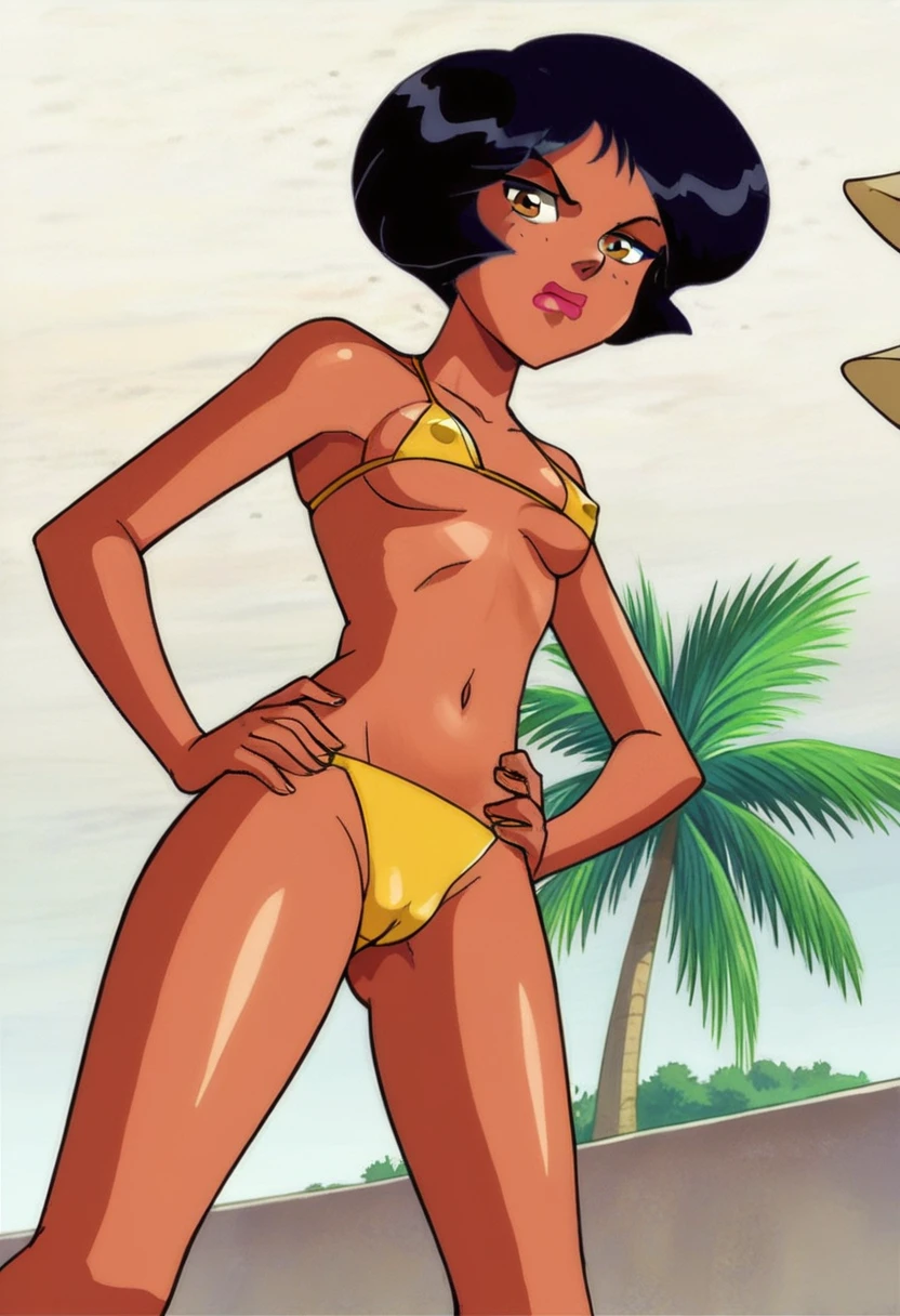 score_9, score_8_up, score_7_up,
1girl, alex ts, black hair, afro hairstyle, brown eyes, dark-skinned female, looking at side viewer, frown, narrowed eyes, outdoors,
yellow micro bikini, on beach, ocean, sand, palms, posing, from below, covered nipples, cameltoe, hands on hips, on knees, pointing finger, front view,