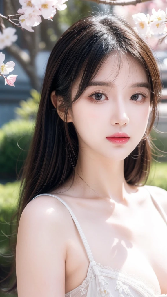 high quality, 4K,8K,Practical, Reality, Extremely detailed, Extremely refined, RAW photos, Japanese and Korean beauties，Korean beauty，Wear JK, ，Large Breasts，(Beautiful and delicate eyes,Beautiful and delicate lips,Extremely detailed eyes and face,Long eyelashes), Beautiful hair, Happy expression, Surrounded by cherry blossom trees, It has a cute anime style, In the picturesque garden filled with sunshine. Artwork of the highest quality, With ultra-detailed features and realistic, Practical touch. Vibrant colors，The lighting creates a warm atmosphere, Dreamy atmosphere.