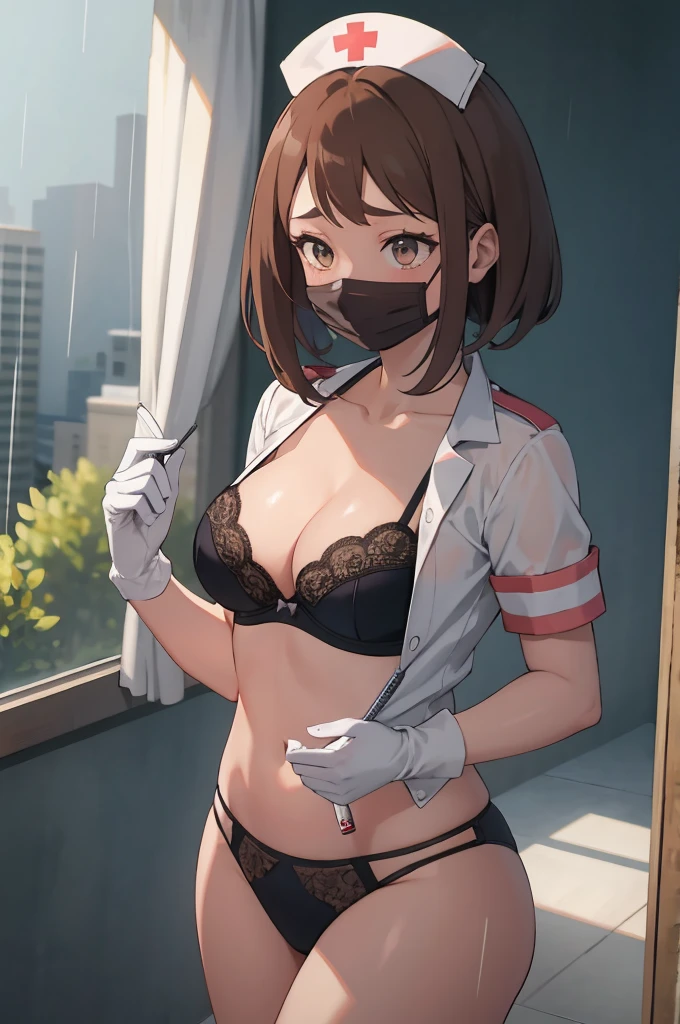 (((masterpiece))), ((Best Quality)), detailed, Alone, 1 girl, Hmochako, FIN LINGERIE, (rain), chest curtains, nurse&#39;s boss, latex gloves, surgical mask, pose sexy, short hair, medium breasts, beautiful brown eyes, neckline, big breasts, perspiration, blush, strong breathing,