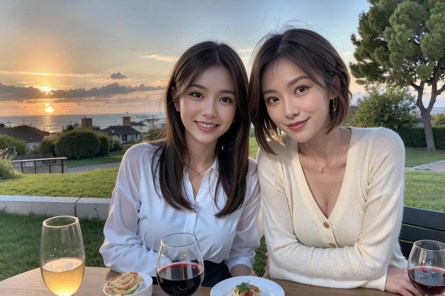 (Realistic:1.1),(masterpiece,Highest quality),8k,(44 years old), 42 years old, slimカップル、Model Couple、actress/actor、Tight waist,Upper Body,full-course dinner、wine 、Amazing view of the sunset sky and clouds、Perfect Anatomy, Brown Hair, short hair,Random Hairstyles,((Highly detailed face and eyes:1.2))(cute顔:1.4),美しいactressの顔,Perfect golden ratio face,Long sleeve shirt、dress,(smile:1.2)、Shortcuts、cute、(Realistic, Intricate details:1.2), A bright smile、short hair,Bright Face、赤wine 、Appetizers、Italian food、wine bottle、Champagne、スパークリングwine、(slimな顔), (The body is slim), (Brown Hair), (Shortcuts), Upper Body, 白wine, slim, wineグラス,