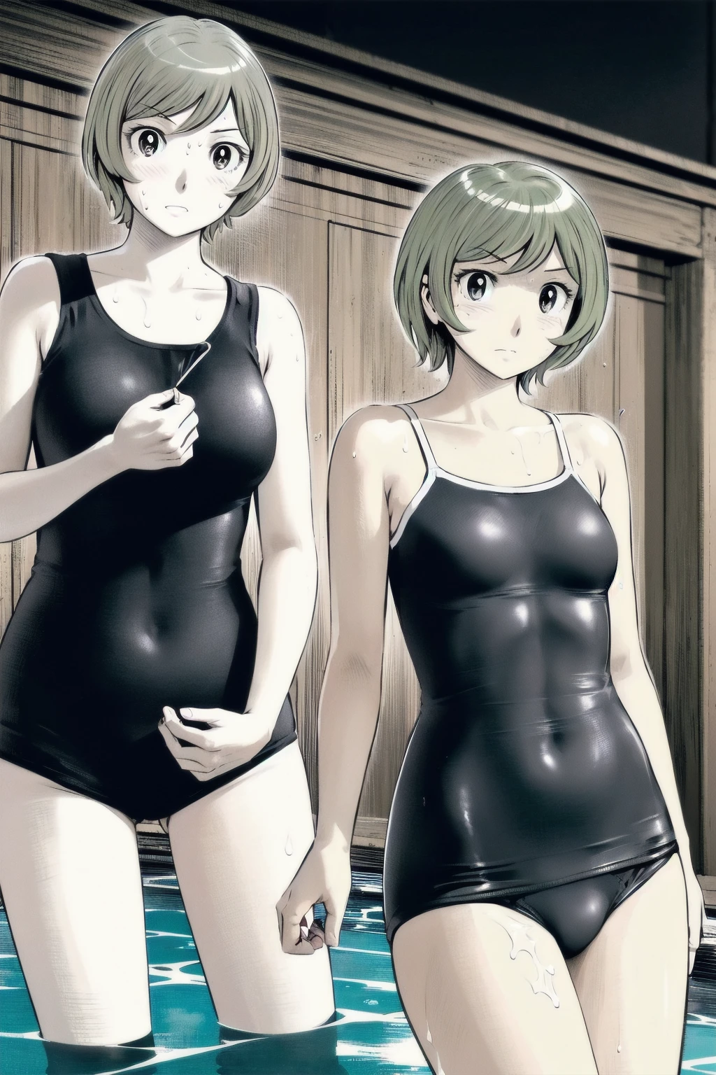 Blue school swimsuit、(masterpiece、Highest quality)、Highest quality, Ultra-high resolution, (((masterpiece))), alone, Sweat、Big eyes, Composition from the front、Shortcuts、Embarrassed face、blonde、Cut your hair short、School swimming pool、short hair、Pussy Line、Browsing Caution、Butt