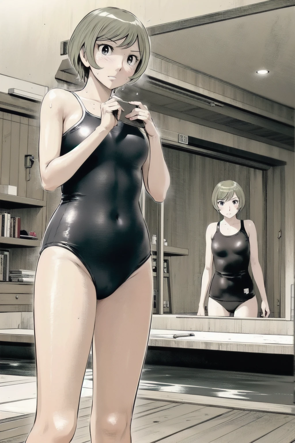 Blue school swimsuit、(masterpiece、Highest quality)、Highest quality, Ultra-high resolution, (((masterpiece))), alone, Sweat、Big eyes, Composition from the front、Shortcuts、Embarrassed face、blonde、Cut your hair short、School swimming pool、short hair、Pussy Line、Browsing Caution、Butt
