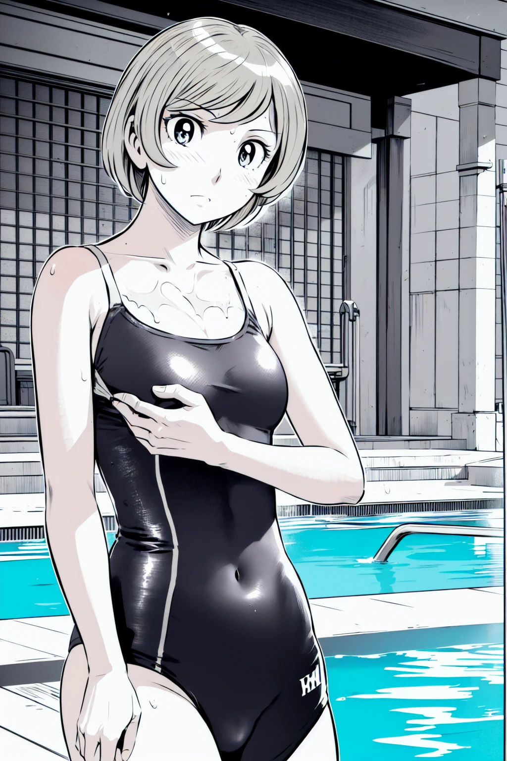 Blue school swimsuit、(masterpiece、Highest quality)、Highest quality, Ultra-high resolution, (((masterpiece))), alone, Sweat、Big eyes, Composition from the front、Shortcuts、Embarrassed face、blonde、Cut your hair short、School swimming pool、short hair、Pussy Line、Browsing Caution、Butt