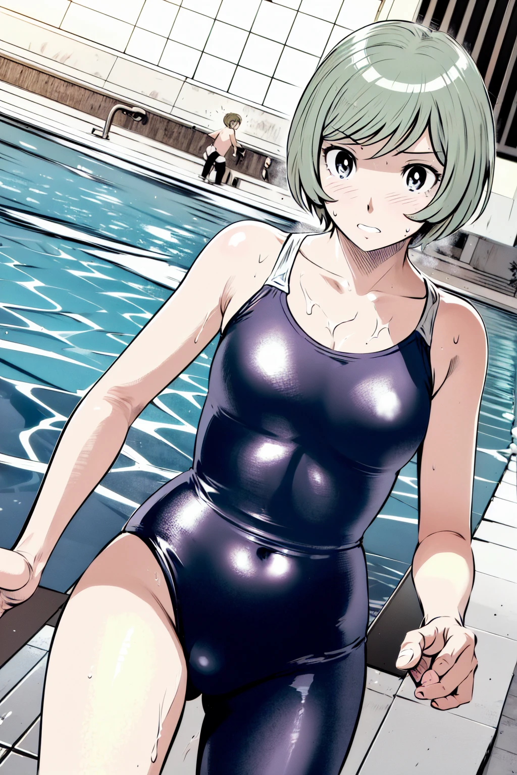 Blue school swimsuit、(masterpiece、Highest quality)、Highest quality, Ultra-high resolution, (((masterpiece))), alone, Sweat、Big eyes, Composition from the front、Shortcuts、Embarrassed face、blonde、Cut your hair short、School swimming pool、short hair、Pussy Line、Browsing Caution、Butt