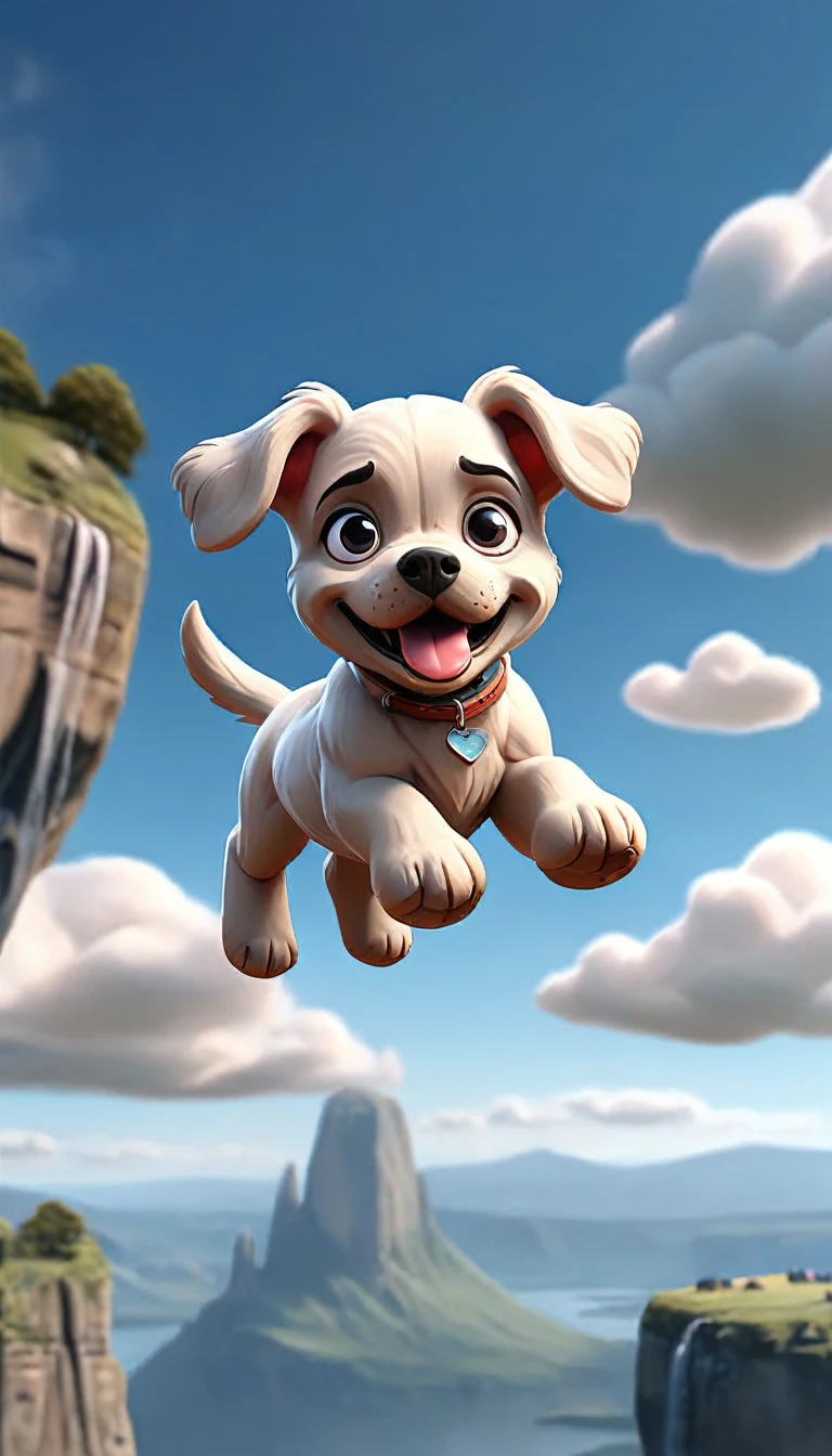 ({{highres,}},masterpiece,ultra-detailed,flying puppy in sky, best quality,8k)cloud, sky, scenery, day, blue_sky, mountain, cloudy_sky, outdoors, waterfall, fantasy, horizon, cliff, rock, water, landscape, mountainous_horizon, ocean, tree, river, floating_island, flying puppy