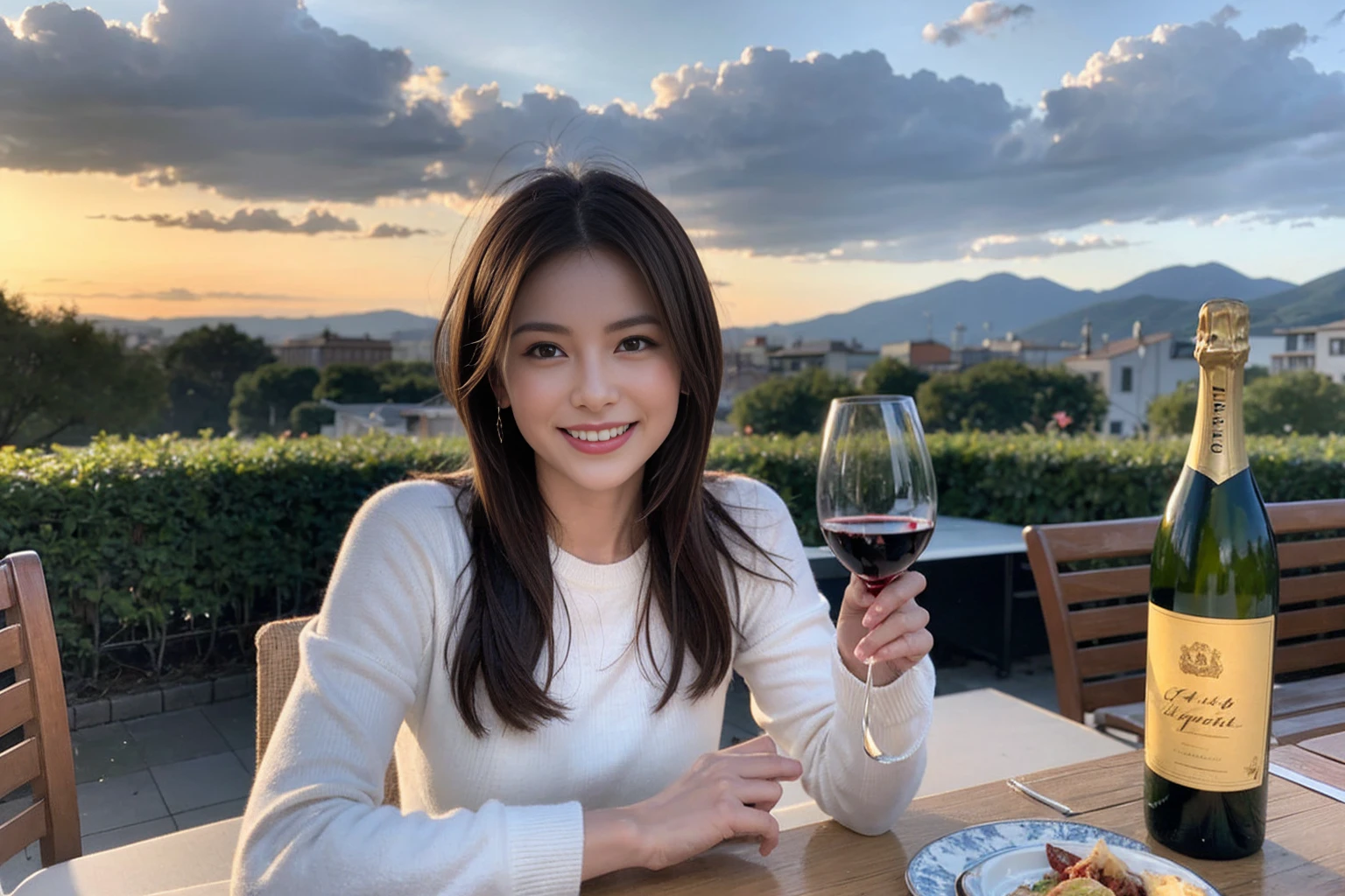 (Realistic:1.1),(masterpiece,Highest quality),8k,(44 years old), 42 years old, slimカップル、Model Couple、actress/actor、Tight waist,Upper Body,full-course dinner、wine 、Amazing view of the sunset sky and clouds、Perfect Anatomy, Brown Hair, short hair,Random Hairstyles,((Highly detailed face and eyes:1.2))(cute顔:1.4),美しいactressの顔,Perfect golden ratio face,Long sleeve shirt、dress,(smile:1.2)、Shortcuts、cute、(Realistic, Intricate details:1.2), A bright smile、short hair,Bright Face、赤wine 、Appetizers、Italian food、wine bottle、Champagne、スパークリングwine、(slimな顔), (The body is slim), (Brown Hair), (Shortcuts), Upper Body, 白wine, slim, wineグラス,