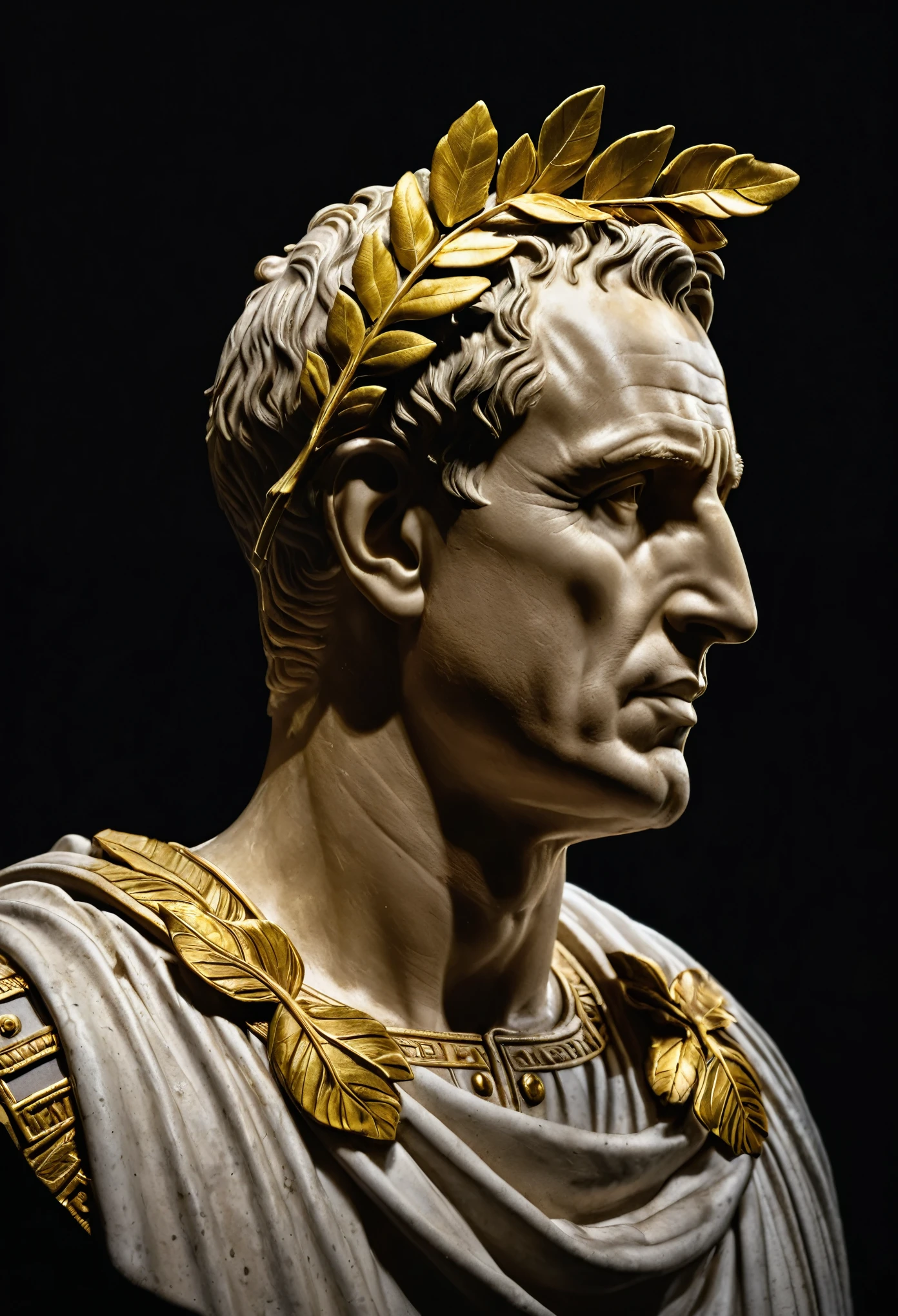 Side view of a Julius Caesar roman bust with a golden Laurel Wreath on top of it's head, highlighted with a spotlight and dark background