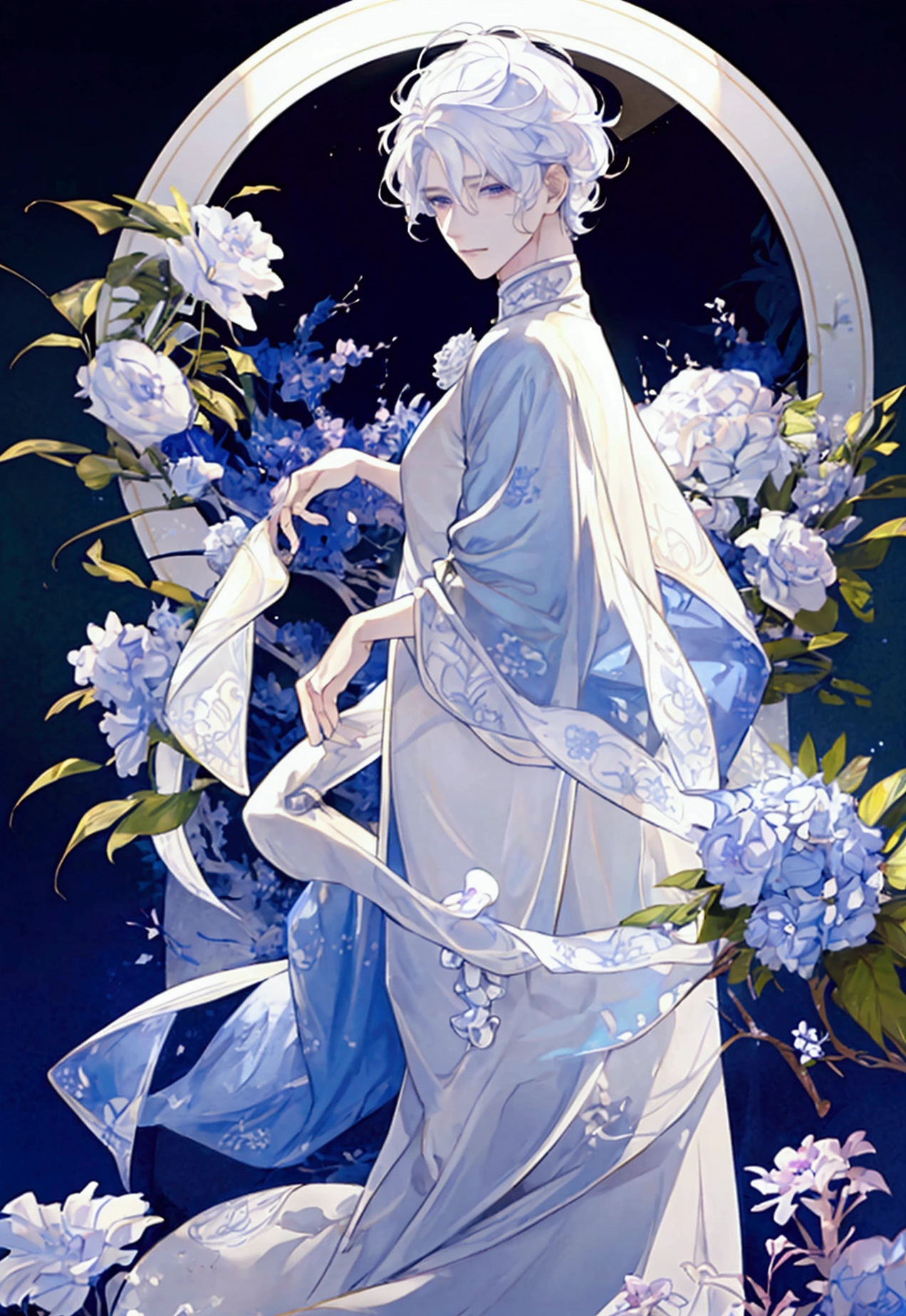 Male, Curly like white hair, medium length, periwinkle eyes, twink like build, porcelain like skin