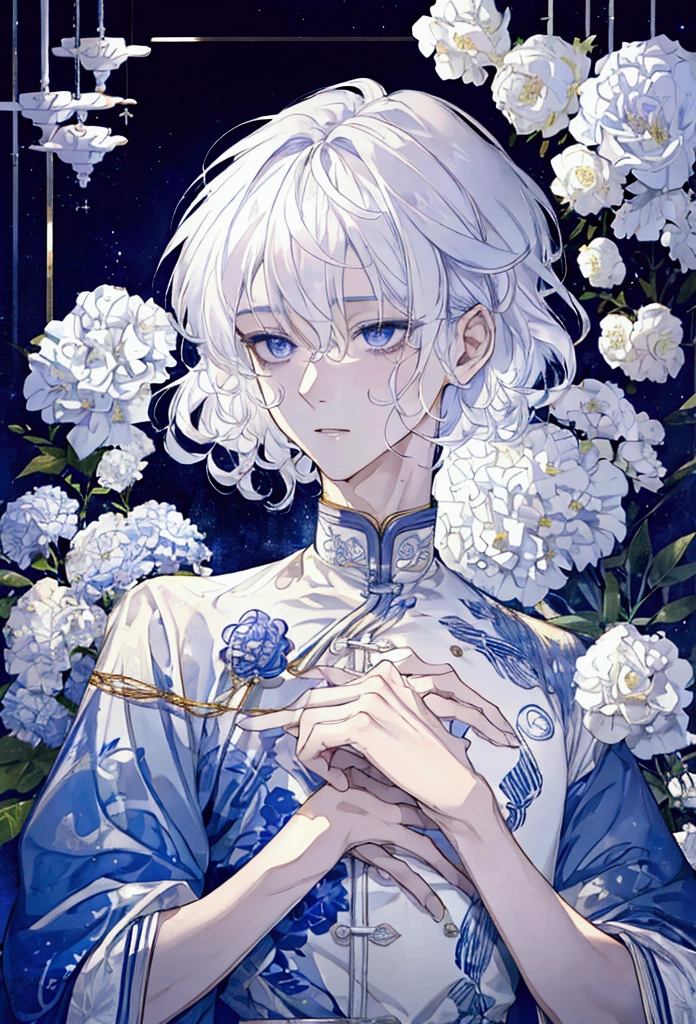 Male, Curly like white hair, medium length, periwinkle eyes, twink like build, porcelain like skin