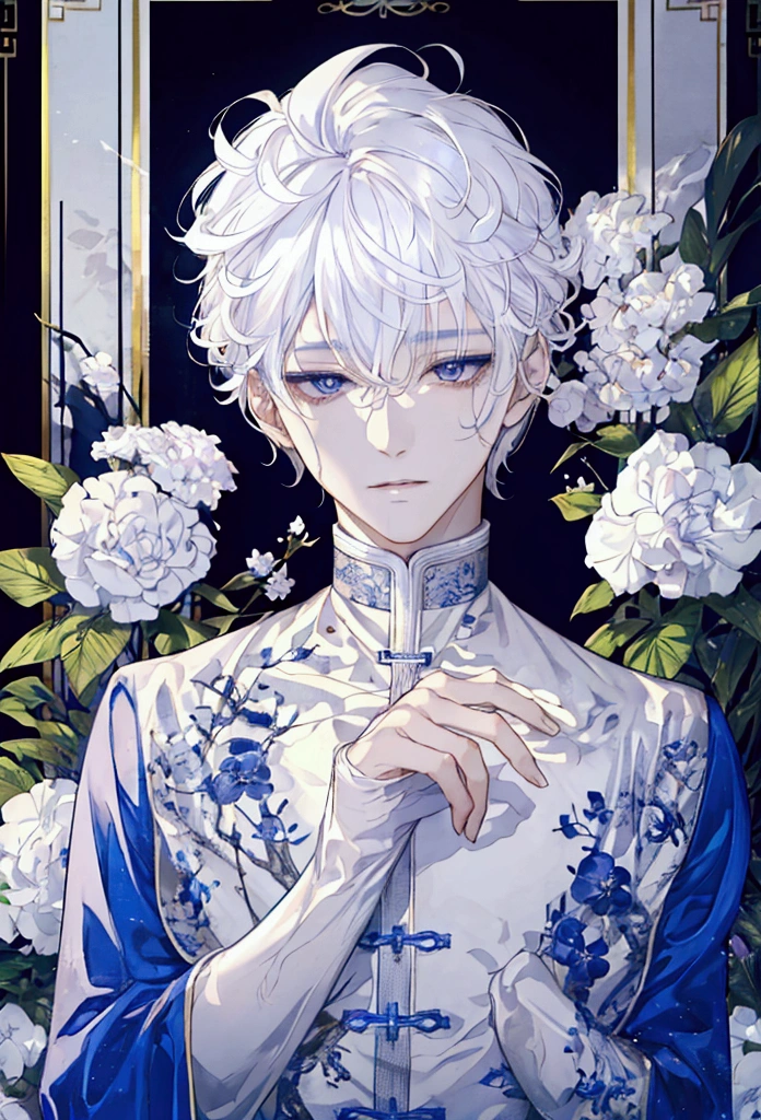 Male, Curly like white hair, medium length,               periwinkle eyes, twink like build, porcelain    like skin