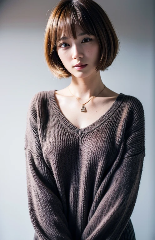 whole body, (Best quality, 8k, 32k, Masterpiece, UHD:1.2),Photo of 8 Pretty Japanese woman standing side by side, large breasts, very short bob hair,upper body,face focus,oversized_sweater, necklace, simple background, from above, looking at viewer,