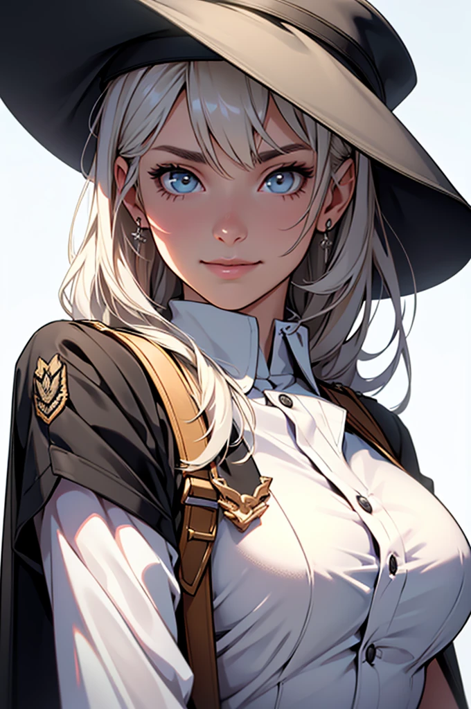 excellent quality, masterpiece, 1 Girl, (Charming smile: 0.8), military uniform, Handheld, Gun Hat, beauty, exist_Body, realism, Light Edge, White background,(High Detail Skin: 1.2), 8K UHD, SLR, Soft Light, high quality, Volumetric Lighting, photo, High Resolutiexist, 4K, 8K, Background blur, Light tulle