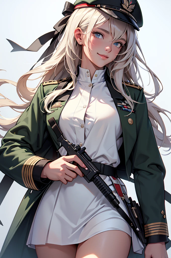 excellent quality, masterpiece, 1 Girl, (Charming smile: 0.8), military uniform, Handheld, Gun Hat, beauty, exist_Body, realism, Light Edge, White background,(High Detail Skin: 1.2), 8K UHD, SLR, Soft Light, high quality, Volumetric Lighting, photo, High Resolutiexist, 4K, 8K, Background blur, Light tulle