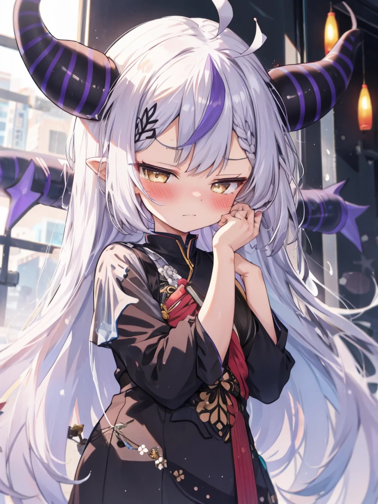 One girl, (Large: 1.4), Solo, Sheep horns, ((Hi-Res)), ((Masterpiece)), ((Best quality)), ((Very detailed)), (Very detailed)), Sexy, Long gray hair, Red eyes (Eyeliner), Nipples, Kimono, Red, Indoors, Mysterious red lighting, Roses, Ruins at night,
