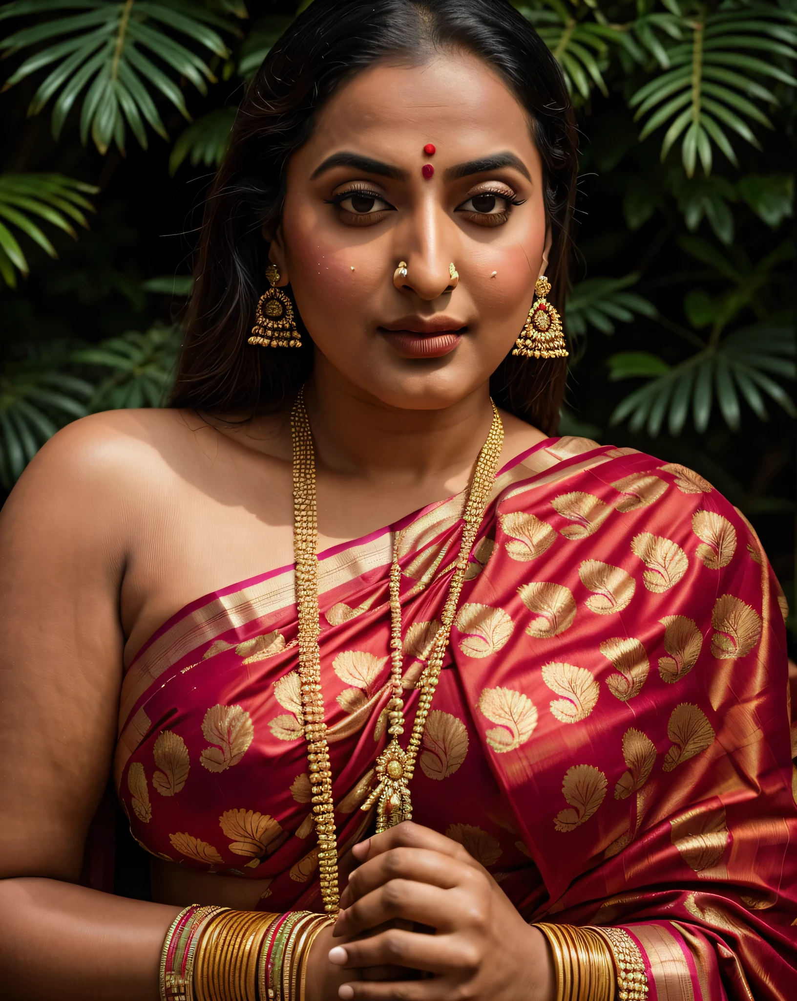 Foto RAW, photorealistic, photography, full body shot, master shot, perfect eyes, goddess like beauty, pierced eyes, perfect thick chubby mallu Desi aunty bhabhi, Wearing a Stanapatta, a chest-band.Saree model, model Photography, Indian saree shoot, Indian traditional wear advertising photography, traditional wear brand shoot, face of Indian actress Sonakshi Sinha, masterpiece, realistic, realism, incredible details,  pleasure, photorealism, detailed skin, skin pores, high contrast, photorealistic Artstation 8k HD digital art trend of high definition and detailed realistic skin texture, ultra detail, realistic skin texture, armature, best quality, ultra high definition, (photorealistic:1.4),, high resolution, detail, raw photo, sweat, Re sharp, by Lee Jefferies Nikon D850 Film Stock Photo 4 Kodak Portra 400 Camera F1.6 Lens Rich Color Ultra Real Realistic Realistic Textures Dramatic Lighting Unreal Engine Trending at Art Station Cinestill 800,(pele altamente detalhada: 1.2), 8k UHD, DSLR, soft-lighting, alta qualidade, grain of film, Fujifilm XT3,she didn't like to wear blouse or bra, she is happy to wear only saree, she hates blouse or bra, detailed hairy armpits, hyper realistic skin, skin pores, sweat, veins, 