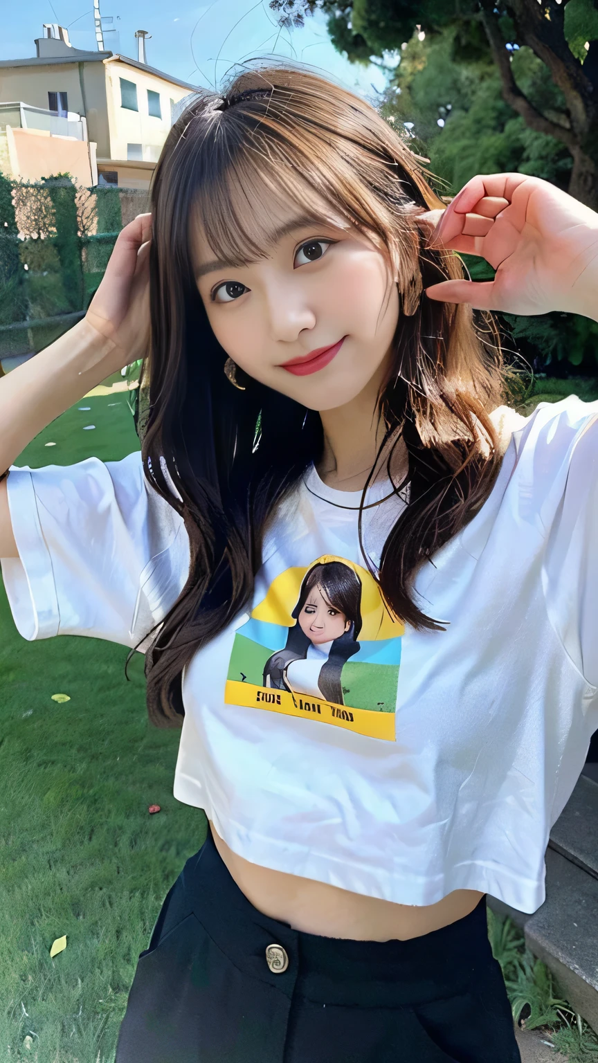 (Highest quality, 8k, 32K, masterpiece, Ultra-high resolution: 1.2), 1 girl, Beautiful Japanese Women,Cute Girl, Tight waist, Wide leg pants, Belly button T-shirt, 24-years-old, (Cute pose: 1.2), Beautiful Face, (Smile at someone you like), Hair blowing in the wind, Beautiful summer blue sky, Performances on the lawn.
