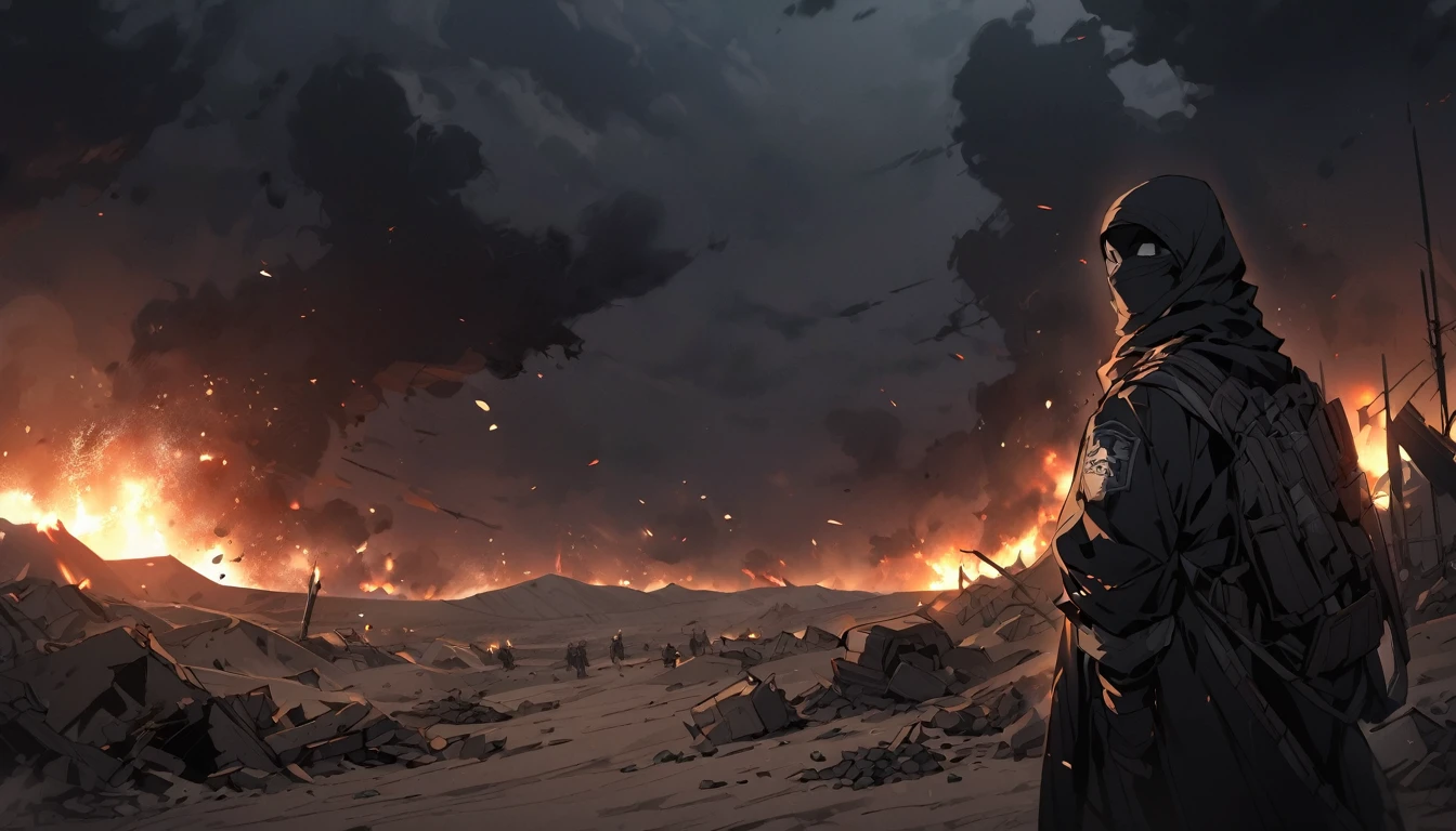 Terrorists, black balaclava, black clothes, after war, everything is destroyed, desert, night, dark atmosphere, apocalypse, dark, black colour