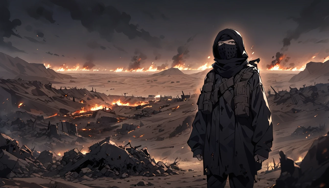 Terrorists, black balaclava, black clothes, after war, everything is destroyed, desert, night, dark atmosphere, apocalypse, dark, black colour 