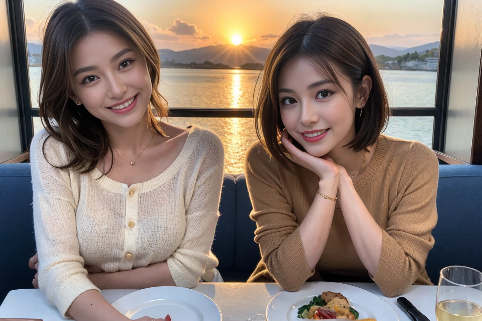 （Realistic:1.1）,(masterpiece,Highest quality)，8k,(44 years old), 42 years old, slimカップル、Model Couple、actress/actor、Tight waist,Upper Body,full-course dinner、wine 、Amazing view of the sunset sky and clouds、Perfect Anatomy, Brown Hair, short hair,Random Hairstyles,((Highly detailed face and eyes:1.2))(cute顔:1.4)，美しいactressの顔，Perfect golden ratio face，Long sleeve shirt、dress,(smile:1.2)、Shortcuts、cute、(Realistic, Intricate details:1.2), A bright smile、short hair,Bright Face、赤wine 、Appetizers、Italian food、wine bottle、Champagne、スパークリングwine、(slimな顔), (The body is slim), (Brown Hair), (Shortcuts),  Upper Body, 白wine, slim, wineグラス, 