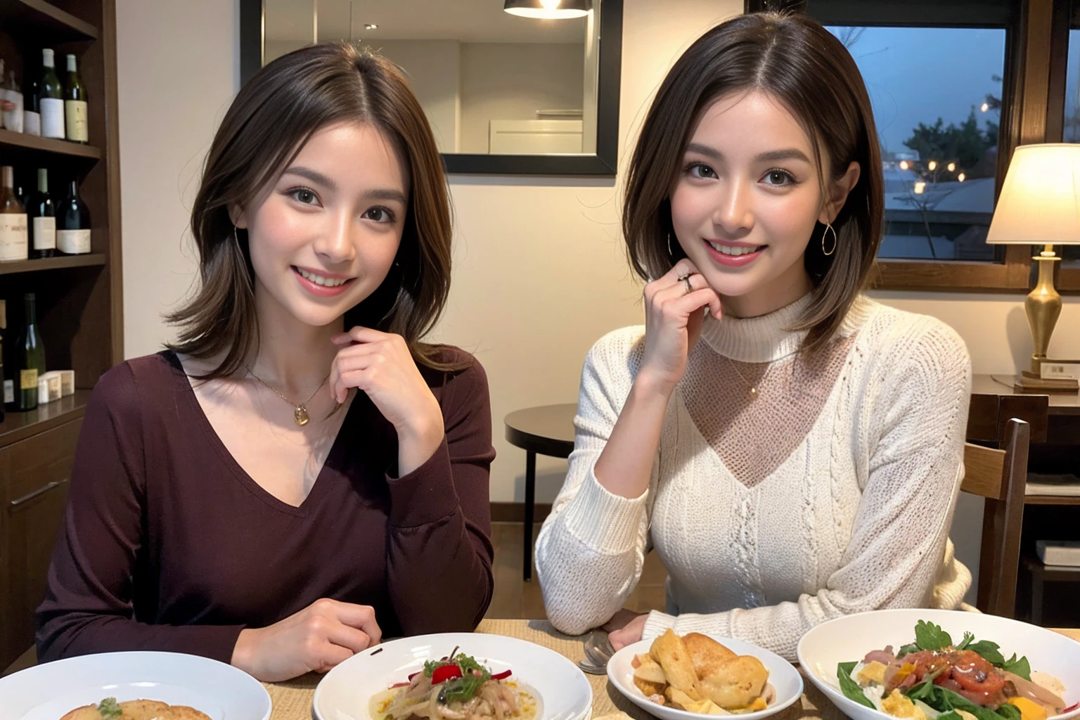 (Realistic:1.1),(masterpiece,Highest quality),8k,(44 years old), 42 years old, slimカップル、Model Couple、actress/actor、Tight waist,Upper Body,full-course dinner、wine 、Amazing view of the sunset sky and clouds、Perfect Anatomy, Brown Hair, short hair,Random Hairstyles,((Highly detailed face and eyes:1.2))(cute顔:1.4),美しいactressの顔,Perfect golden ratio face,Long sleeve shirt、dress,(smile:1.2)、Shortcuts、cute、(Realistic, Intricate details:1.2), A bright smile、short hair,Bright Face、赤wine 、Appetizers、Italian food、wine bottle、Champagne、スパークリングwine、(slimな顔), (The body is slim), (Brown Hair), (Shortcuts), Upper Body, 白wine, slim, wineグラス,