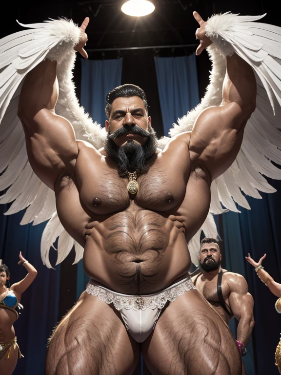 Hyperrealistic image of an Indian superhero dancing burlesque with two huge symmetrical swan wings very old and very sweaty gray-haired bodybuilder over 80 years old very muscular and fat more than 200 kilos with a naked torso large and flaccid pectorals brown nipples and large gray mustaches with huge tattooed arms dressed in lace white lingerie on a burlesque stage 