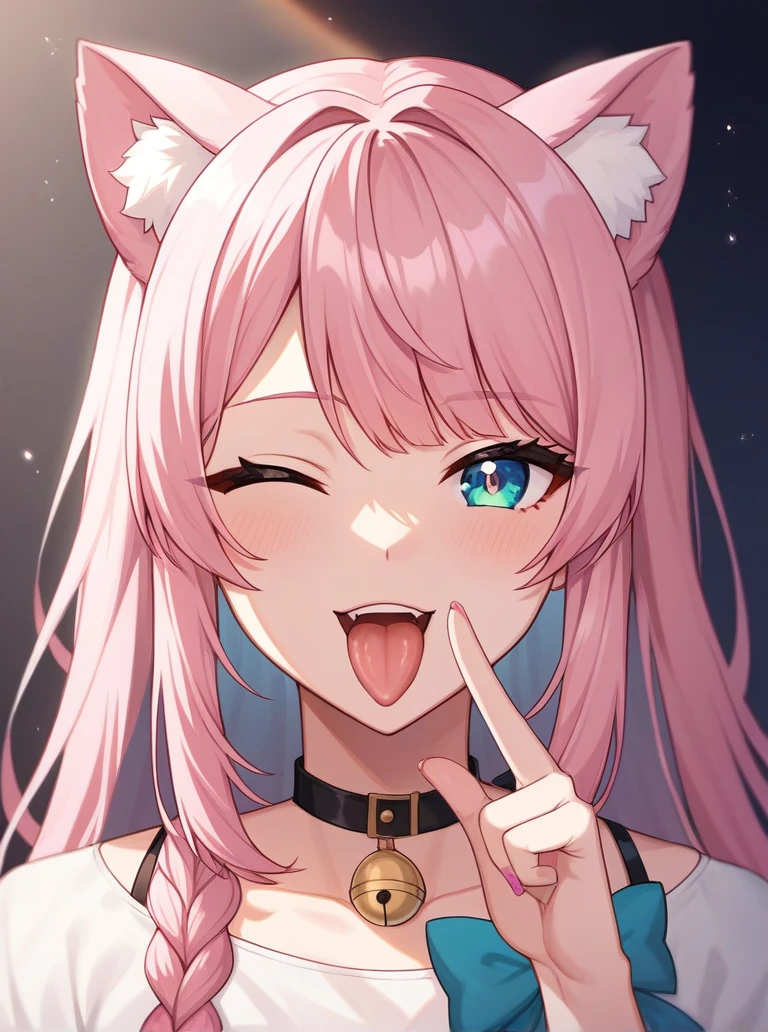 Adult, Female, long pink hair, winking, tongue out, vtuber, otaku bedroom, Masterpiece, Accurate, Anatomically Correct, Best Quality, High Details, Detail, Super Detailed, Best detail, Perfect detail, Amazing detail, [-3, 3], perfect fingers, perfect body, best body, amazing body, Looking at viewer, front facing, upper body shot, Cat Ears, Close-Up, 